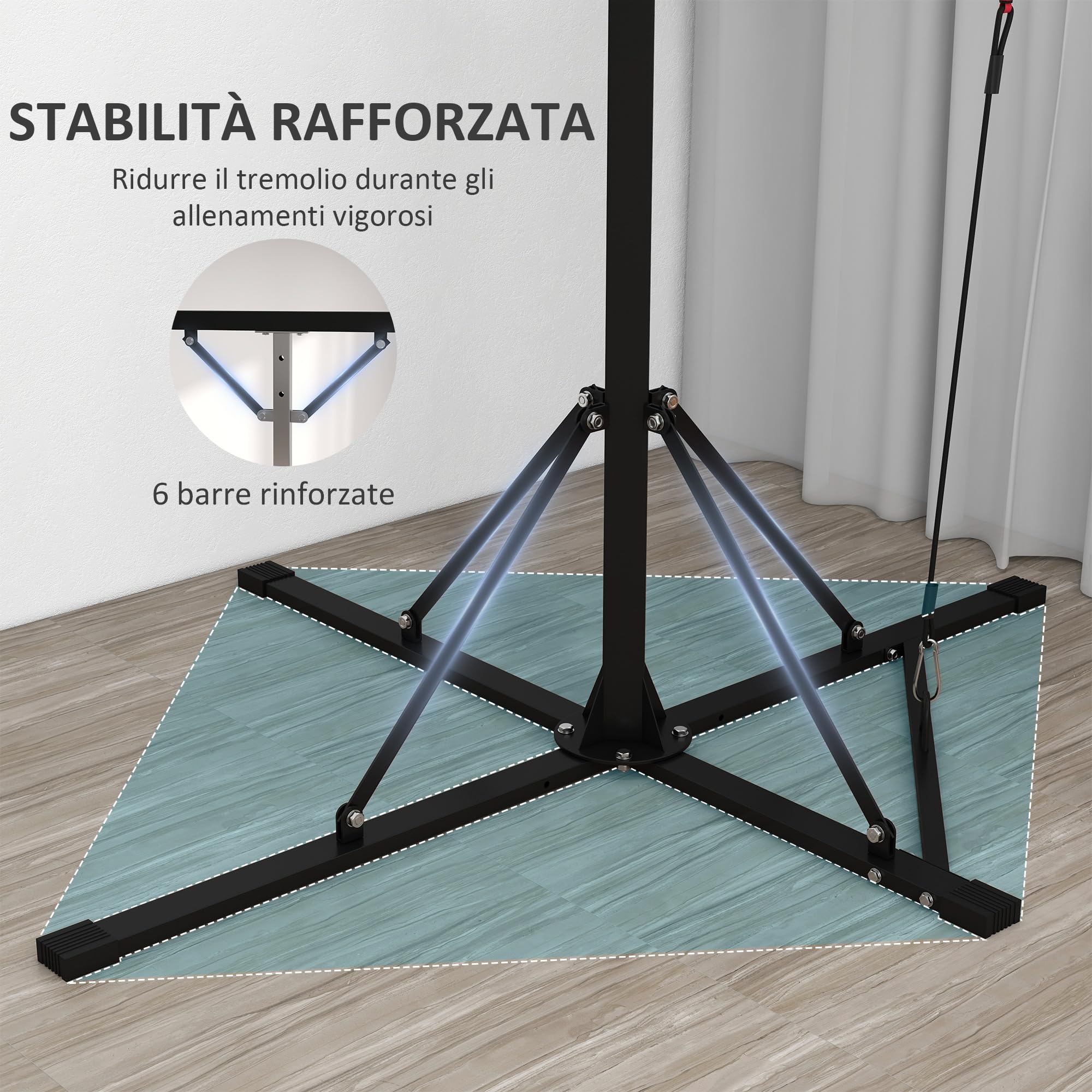 SPORTNOW Supporto Sacco Boxe ad Altezza Regolabile con 6 Barre di Rinforzo e Palla Veloce, Stazione da Sacco, Staffa per Sacco da Boxe da Terra in Acciaio, 160x145x175-220 cm, Nero