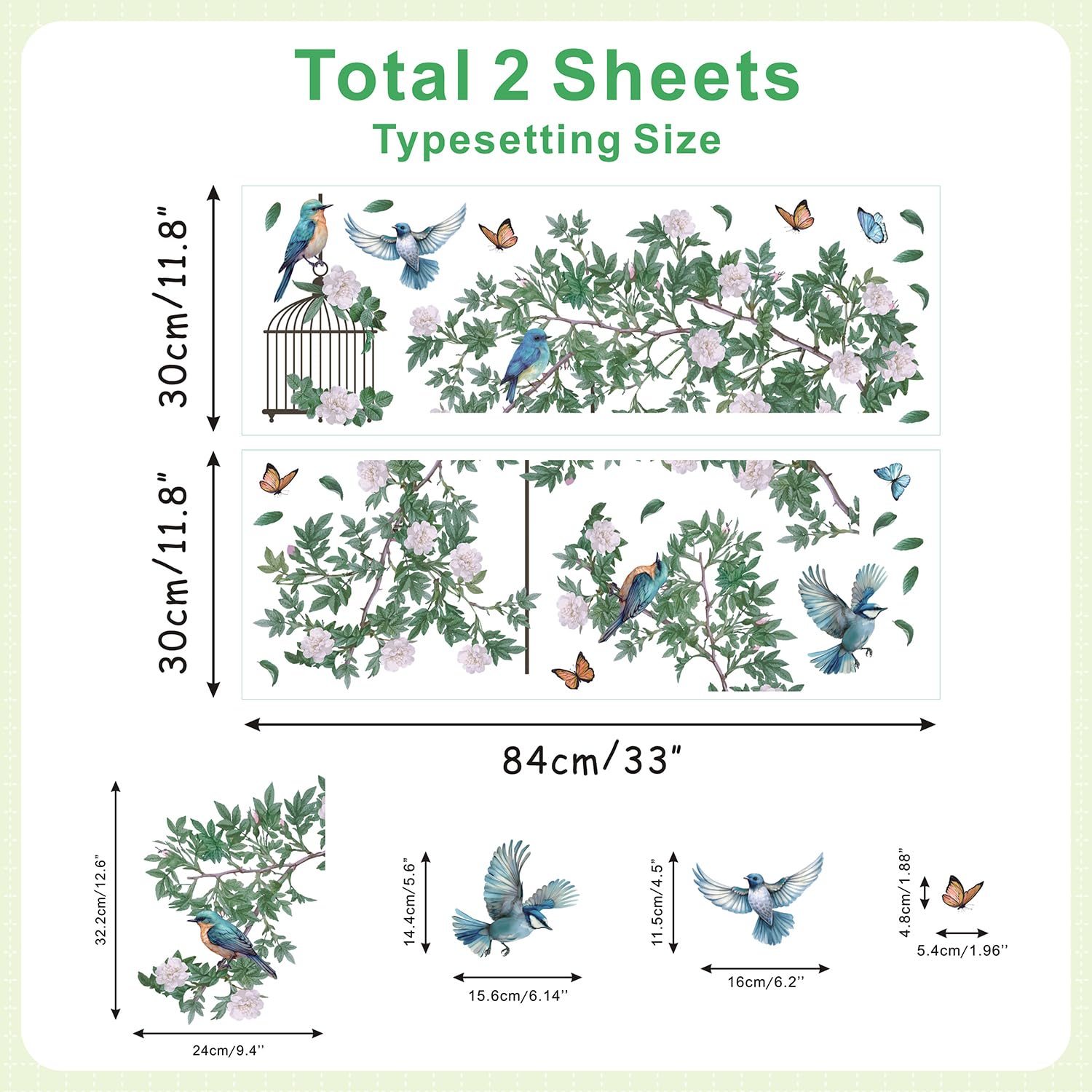 HPUINB Green Plants Birds Wall Stickers for Bedroom,Green Leaf Tropical Plants Wall Art Stickers for Living Room,Removable Palm Tree Leaves Wall Mural - Image 3