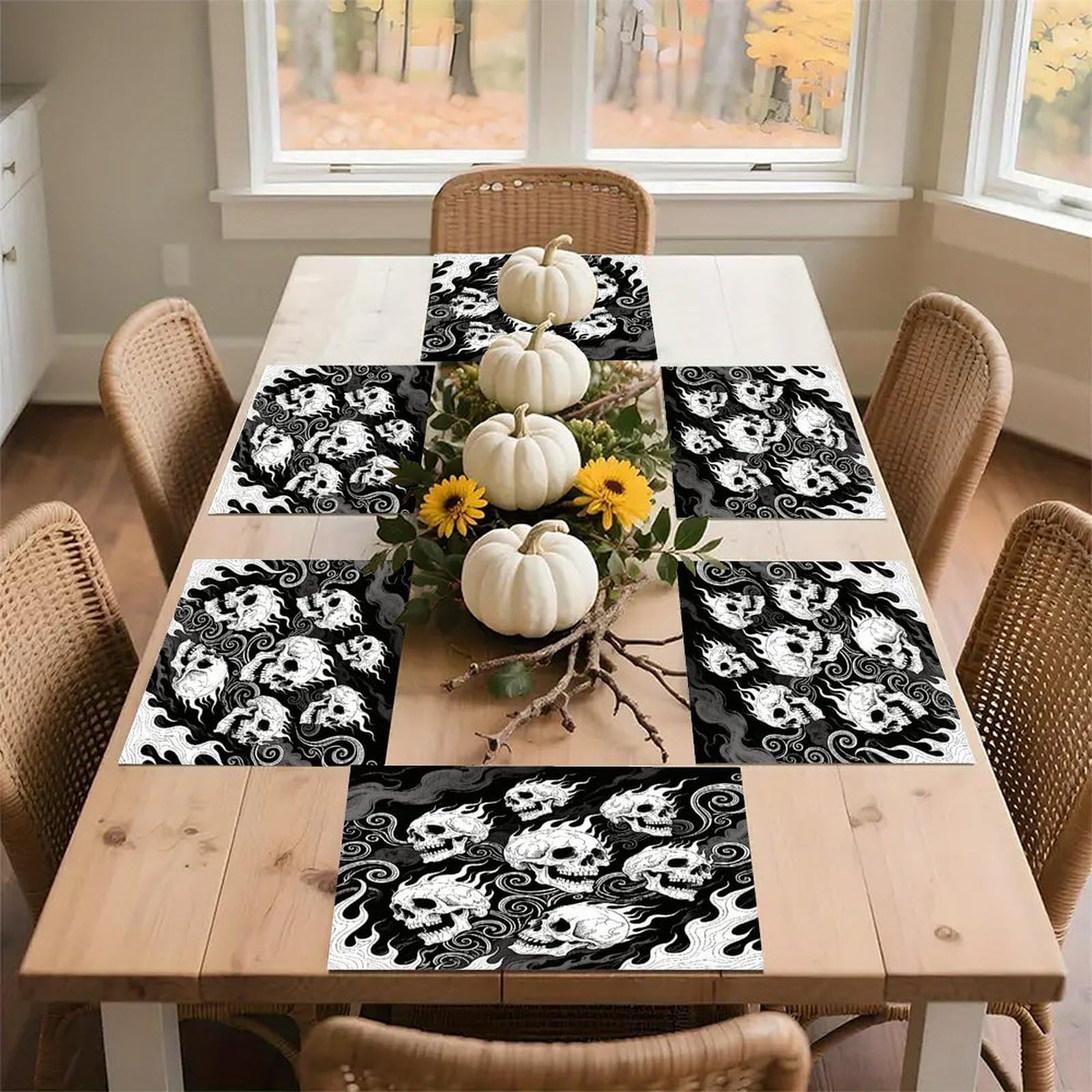 Skull Placemats Non-Slip Heat Resistant Table Mats Flax Washable Cloth Place Mats Easy to Clean Premium Placemat for Kitchen Dining Table Decor Party Outdoor