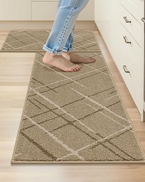 COSY HOMEER Kitchen Mats, 2 PCS Kitchen Rug Non Slip Washable, Absorbent Runner Rugs for Kitchen Floor, Polyester Kitchen Sink Rug 20"x32" + 20"x48"Beige