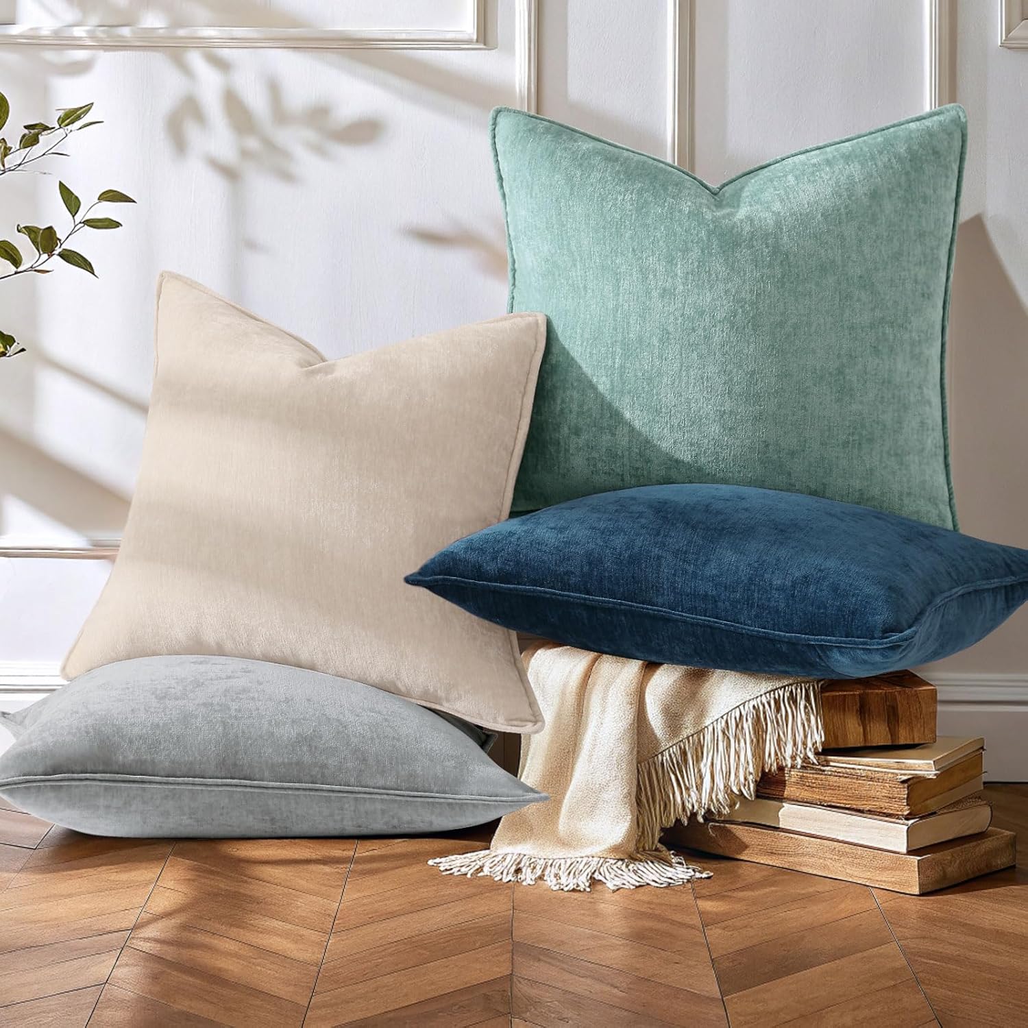 decorUhome Spring Set of 4 Couch Throw Pillow Covers 20x20, Decorative Soft Neutral Chenille Pillow Covers with Elegant Design for Living Room Bed Sofa (Beige/Aqua)