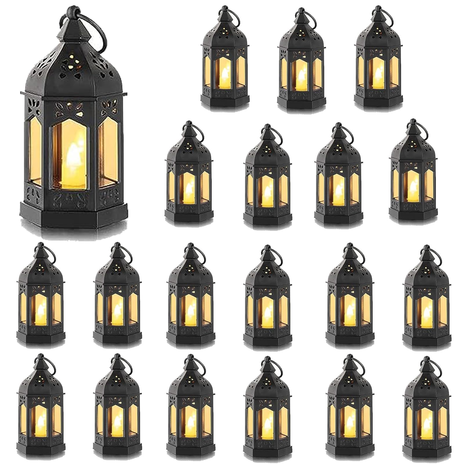 Mini Lantern with Flickering LED Candles Set of 20, Hewory Black Vintage Decorative Hanging Candle Lanterns for Halloween, Christmas, Wedding Decorations, Party, Table Centerpiece, Battery Included