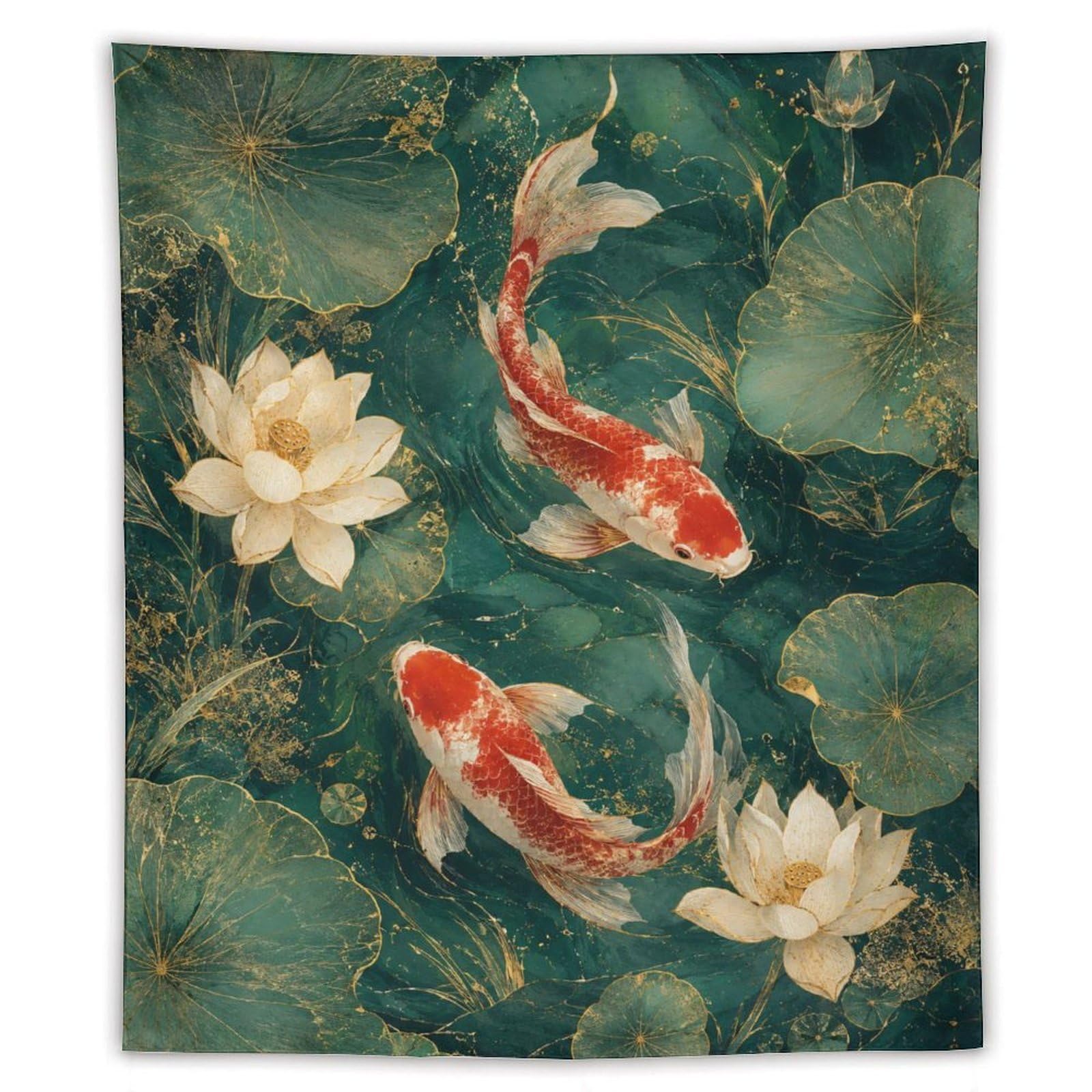H3B8U2Y5 Koi Fish Lotus Wall Tapestry, Ukiyo-e Style, Tranquil Pond
