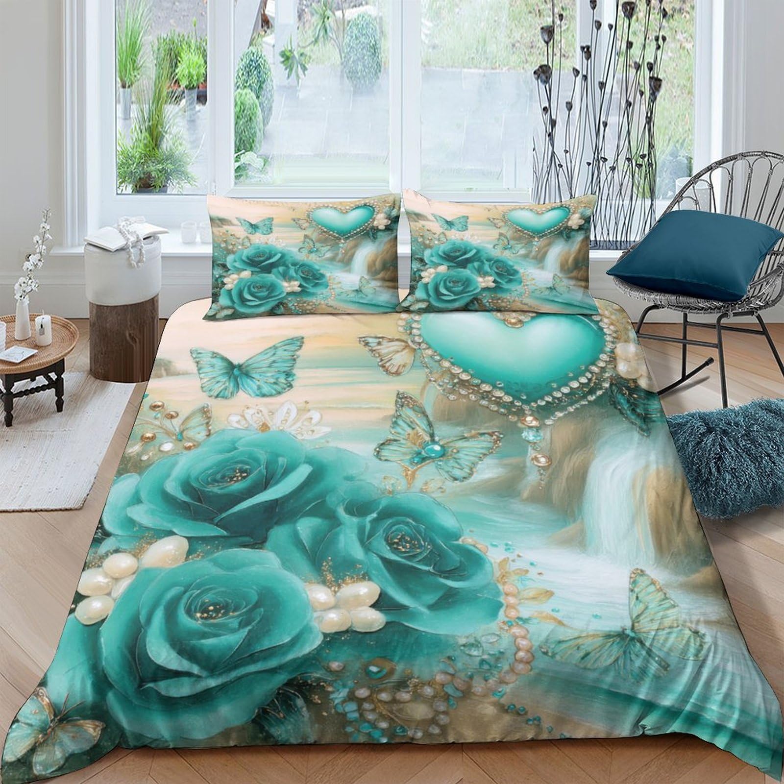 GPLZQXKJNH 3D Printed Teal Rose Butterfly Duvet Cover Set Microfiber Soft Decorative Heart Pattern Bedding with 2 Pillowcases for Bedroom Apartment Single（135x200cm）