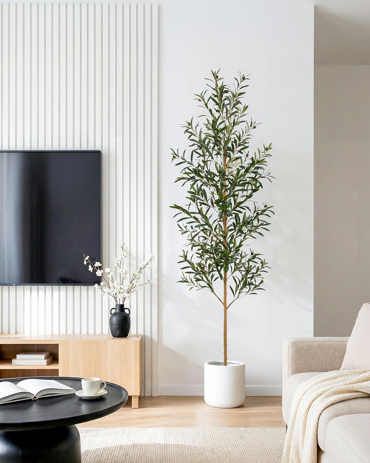 FLOWORLD 7FT Olive Trees Artificial Indoor, Tall Faux Olive Tree 7FT (84in) with Natural Wood Trunk & Realistic Olives, Stable Base, Pet Friendly Artificial Plant for Home Office, Living Room, Outdoor