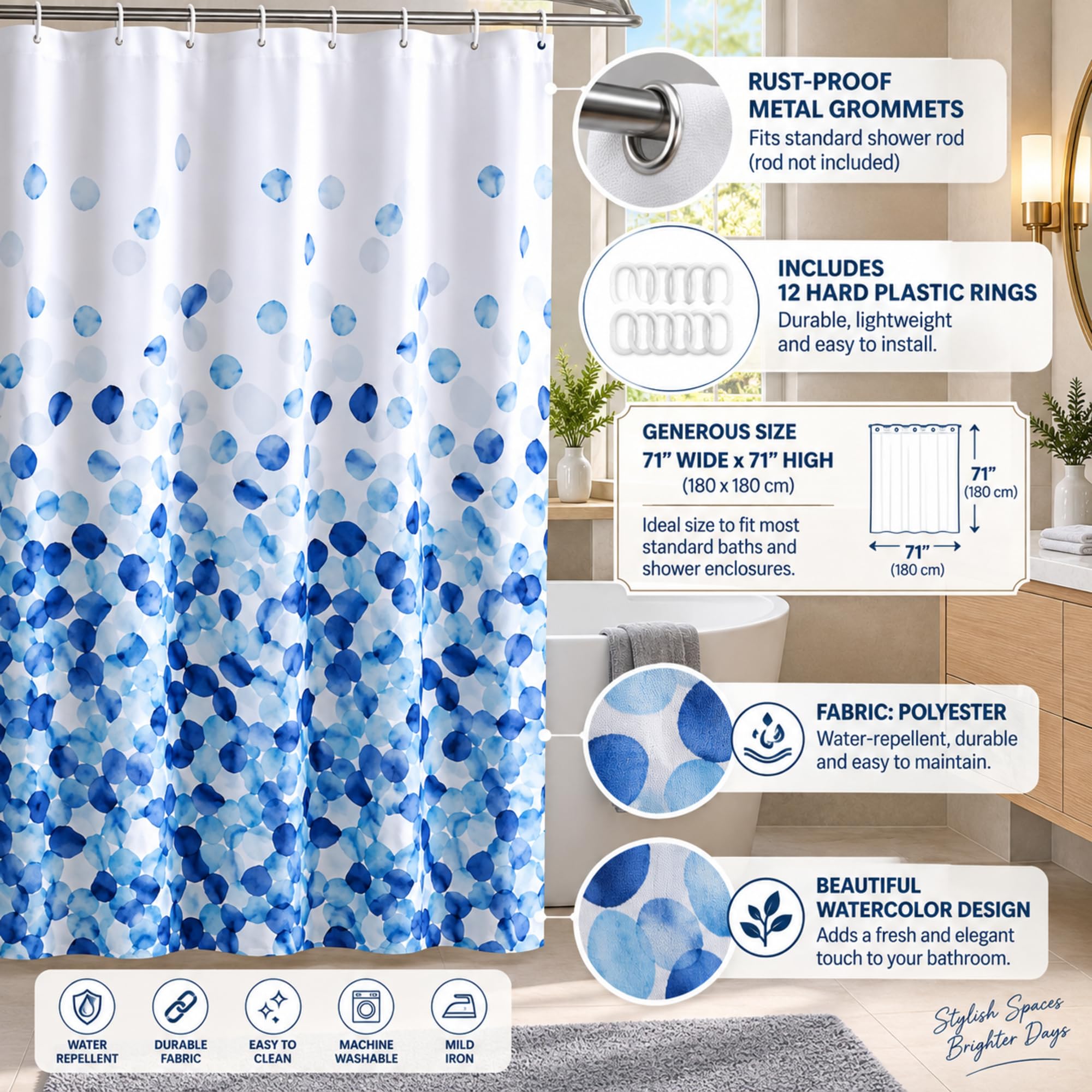 Blue Petal Shower Curtain - Waterproof & Stylish -2 Blue Petal Shower Curtain - Waterproof & Stylish -2