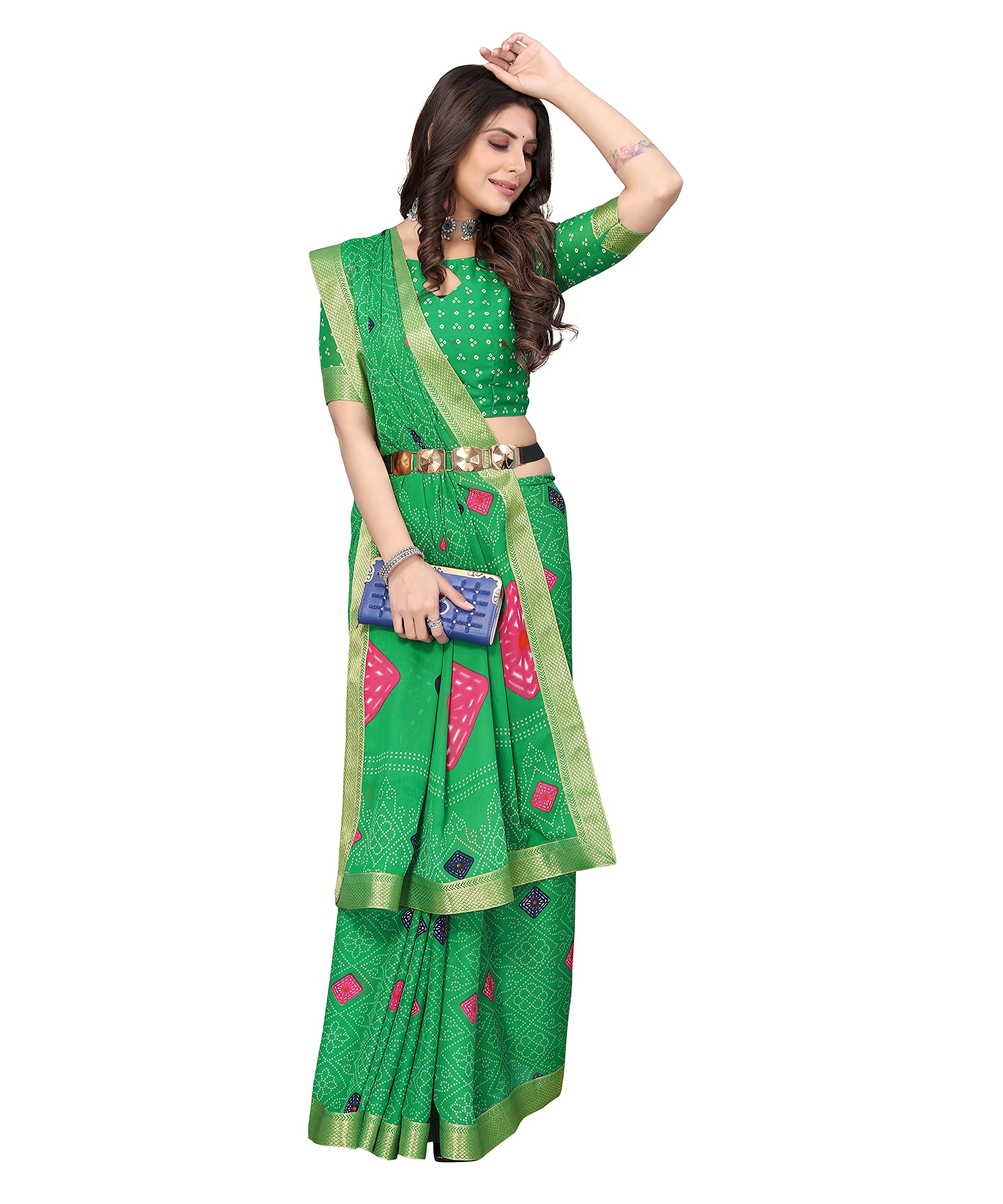 Sari de Georgette Estampado Yashika con Borde de Encaje Talla Libre VERDE ROHINI - Imagen 9 de 10