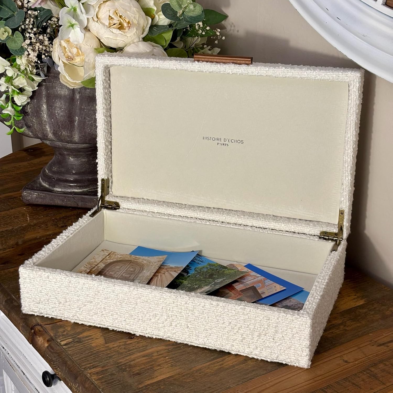 Set of 2 Ivory Bouclé Fabric Decorative Boxes with Wooden Handles, Modern Jewelry Boxes, Storage Boxes, Keepsake Boxes, Photo Memory Organizer, 14.2x8.6x3.5in