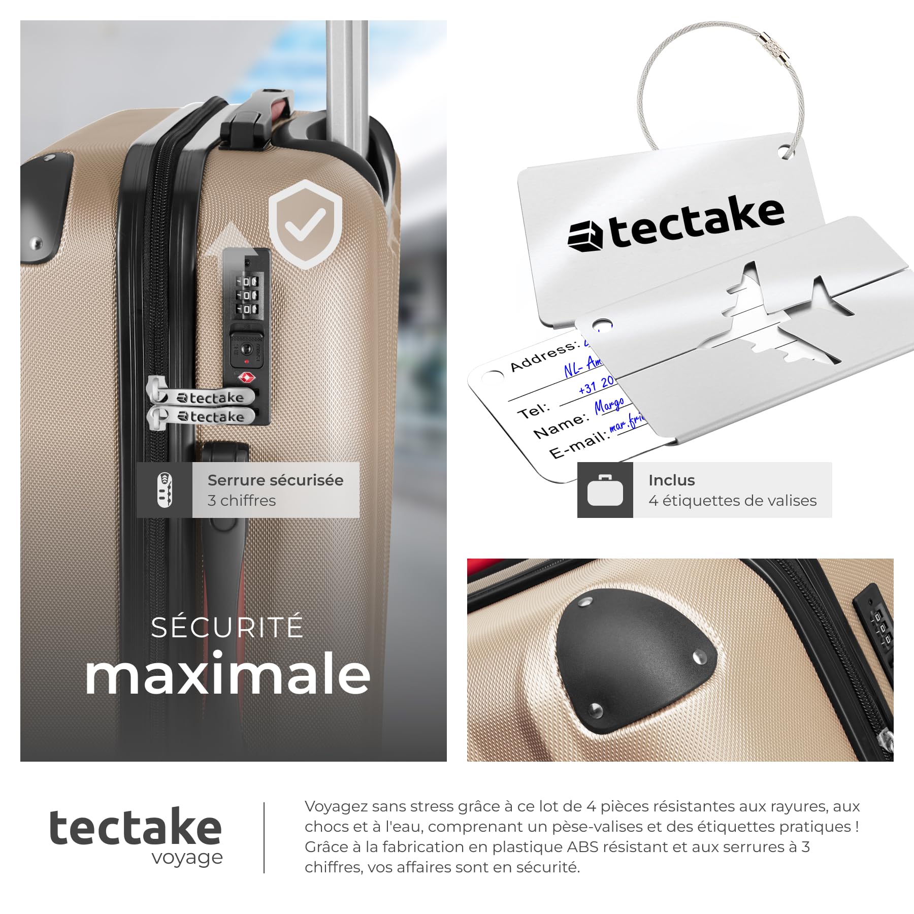 tectake® Set de Valises de Voyage, Coque Rigide en ABS, 3 Tailles M-L-XL + Vanity Case, roulettes Pivotantes à 360°, Serrure TSA, Poignée télescopique, Pèse-Bagage et étiquettes Inclus - Champagne
