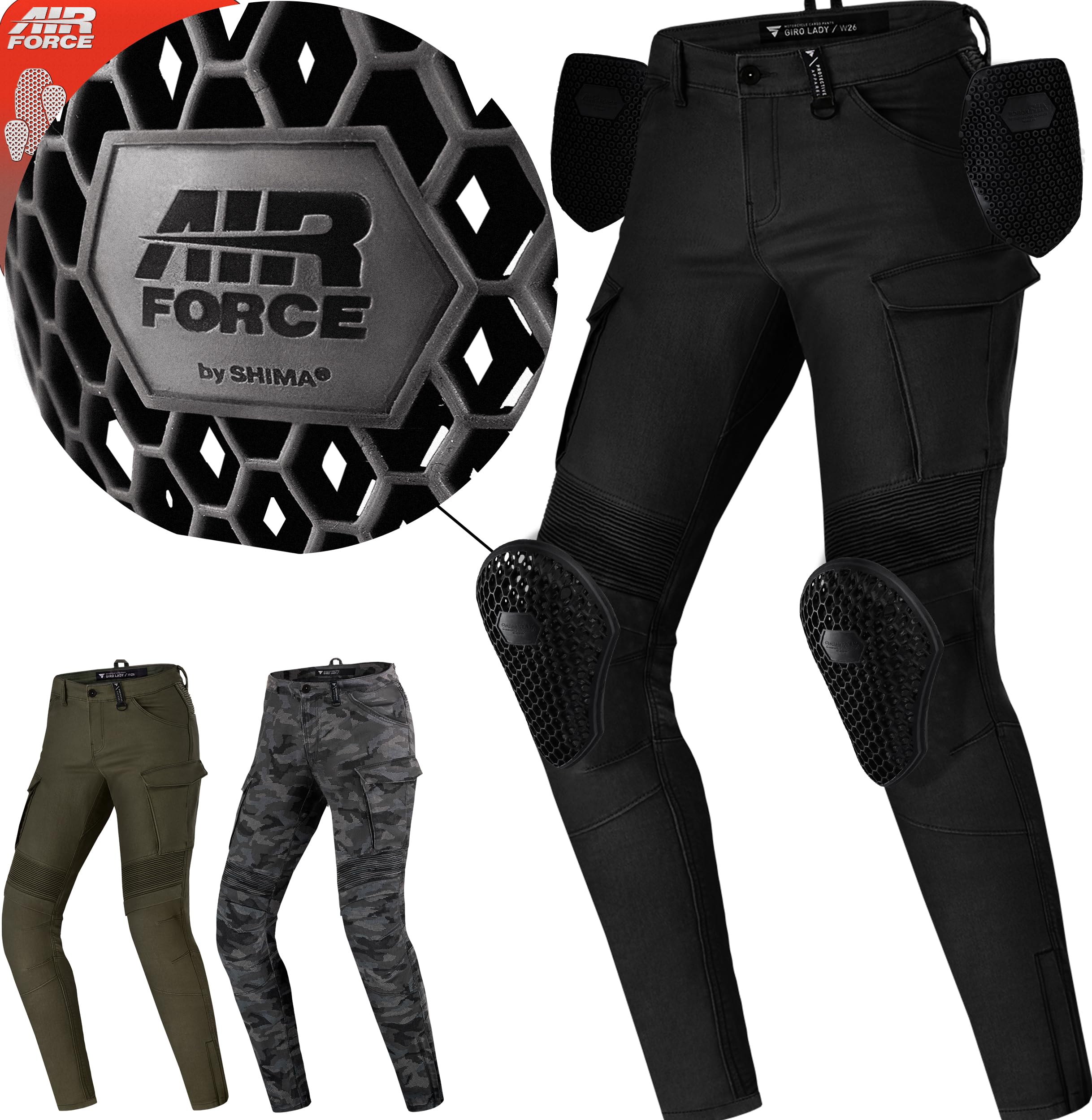 SHIMA GIRO 2.0 LADY Motorcycle Pants for Women - Elastic, Slim Fit, Cargo Biker Trousrs Womens with DuraQL Layer, CE Knee and Hip Armor Pads, Side Pockets (Black, 24)