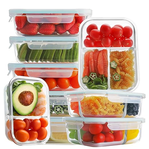 Bayco 9 Pack Glass Meal Prep Containers 3 & 2 & 1 Compartment, Glass Food Storage Containers with Lids, Airtight Glass Lunch Bento Boxes, BPA-Free & Leak Proof (9 lids & 9 Containers) - White