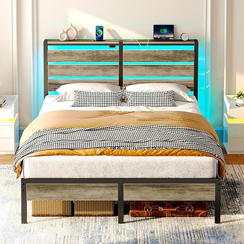 Rolanstar Bed Frame Queen Size with USB Charging Station, LED Bed Frame with Wood Storage Headboard, Light Grey Metal Platform Bed with Under Bed Storage, No Box Spring Needed, Noise Free