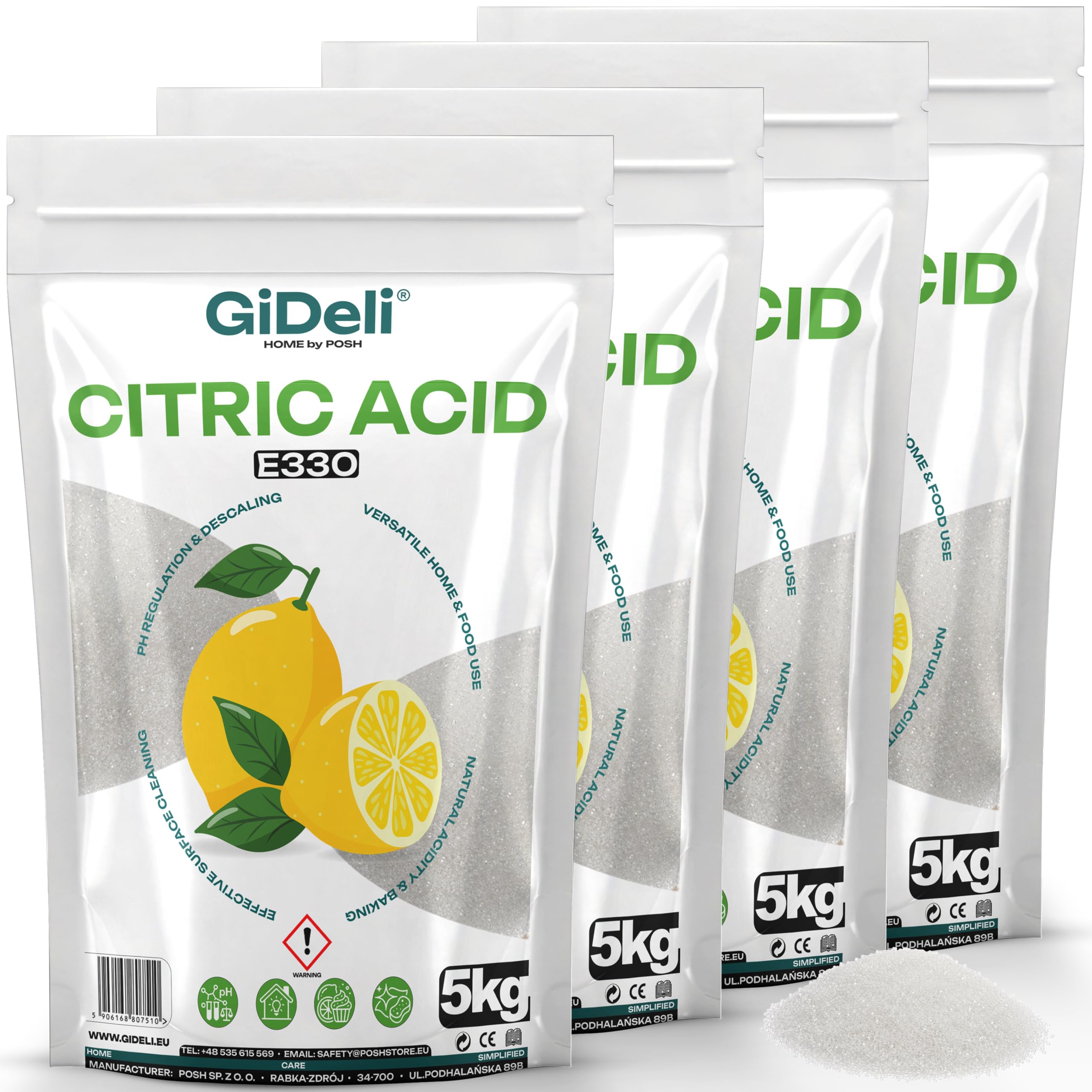 GiDeli Zitronensäure Pulver E330 in Lebensmittelqualität 4x5kg - reine Citric Acid zum Entkalken von Wasserkocher Kaffeemaschine & Waschmaschine - Vegan & Gentechnikfrei für Küche und Haushalt