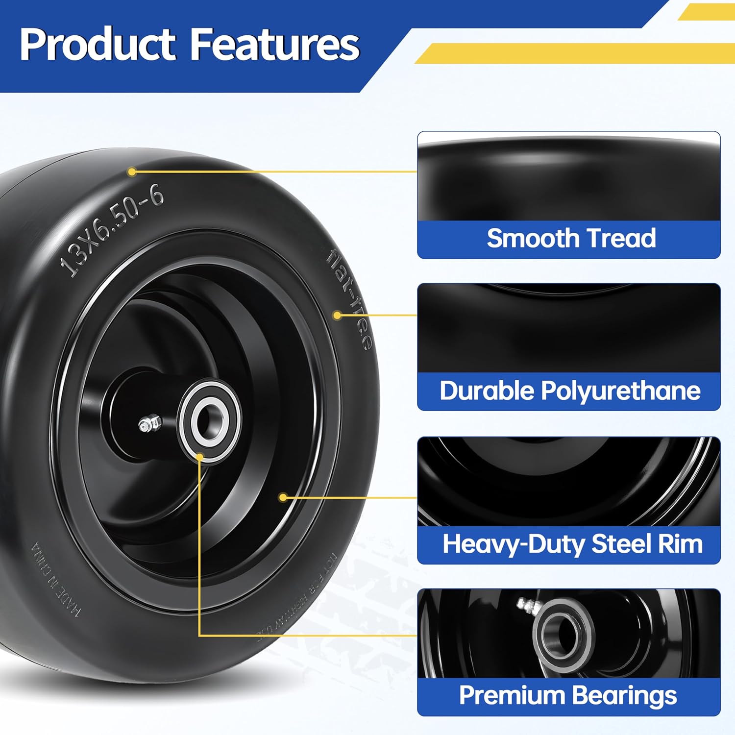 2 Pcs 13x6.50-6 Flat Free Lawn Mower Tire and Wheel, with 3/4" Bearings & Extra 1/2" & 5/8" Sleeves, 5.5"-7.88" Centered Hub, 13x6.5-6 Solid Smooth Front Tire for Zero Turn Lawn Mowers, 500lbs Load
