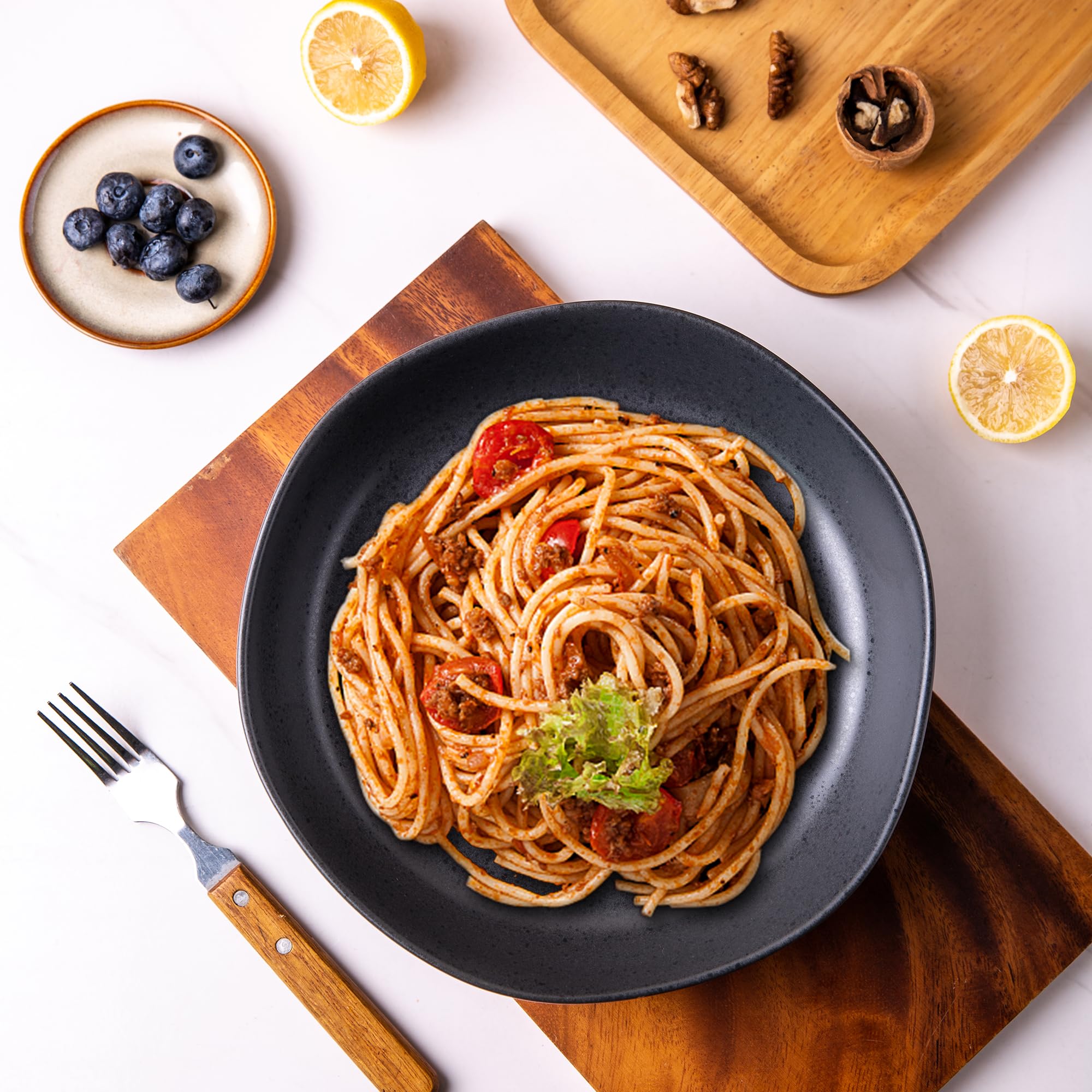 AmorArc 9.75" Ceramic Large Pasta Bowls, 38oz Stoneware Flat Serving Bowls Set Of 4 Ovenmicrowavedishwasher Safe Bowls With Wavy Rim For Fruit Pasta Salad Meal Matte Whitematte White