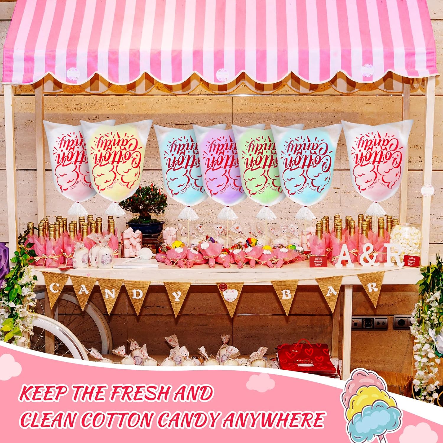 Mkway 200PCS Cotton Candy Bags, 11.8x17.7 Inch Candy Supplies Perfect for Sticks and Cones, Cotton Candys Bulk Accessories for Carnivals