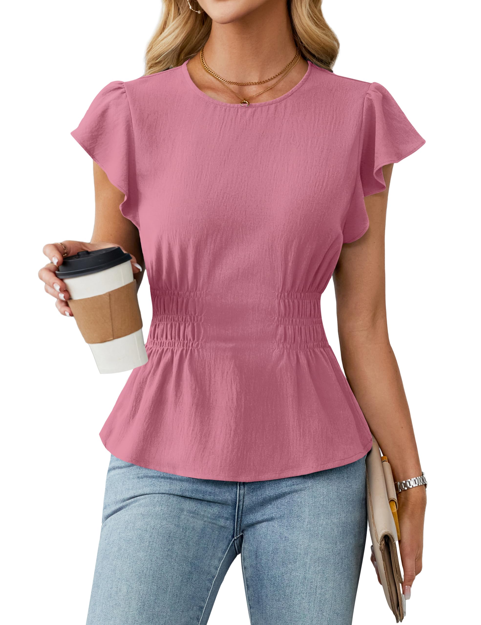 Blooming Jelly Women's Dressy Casual Blouses Business Ruffle Short Sleeve Tops Summer Crew Neck Smocked Shirts