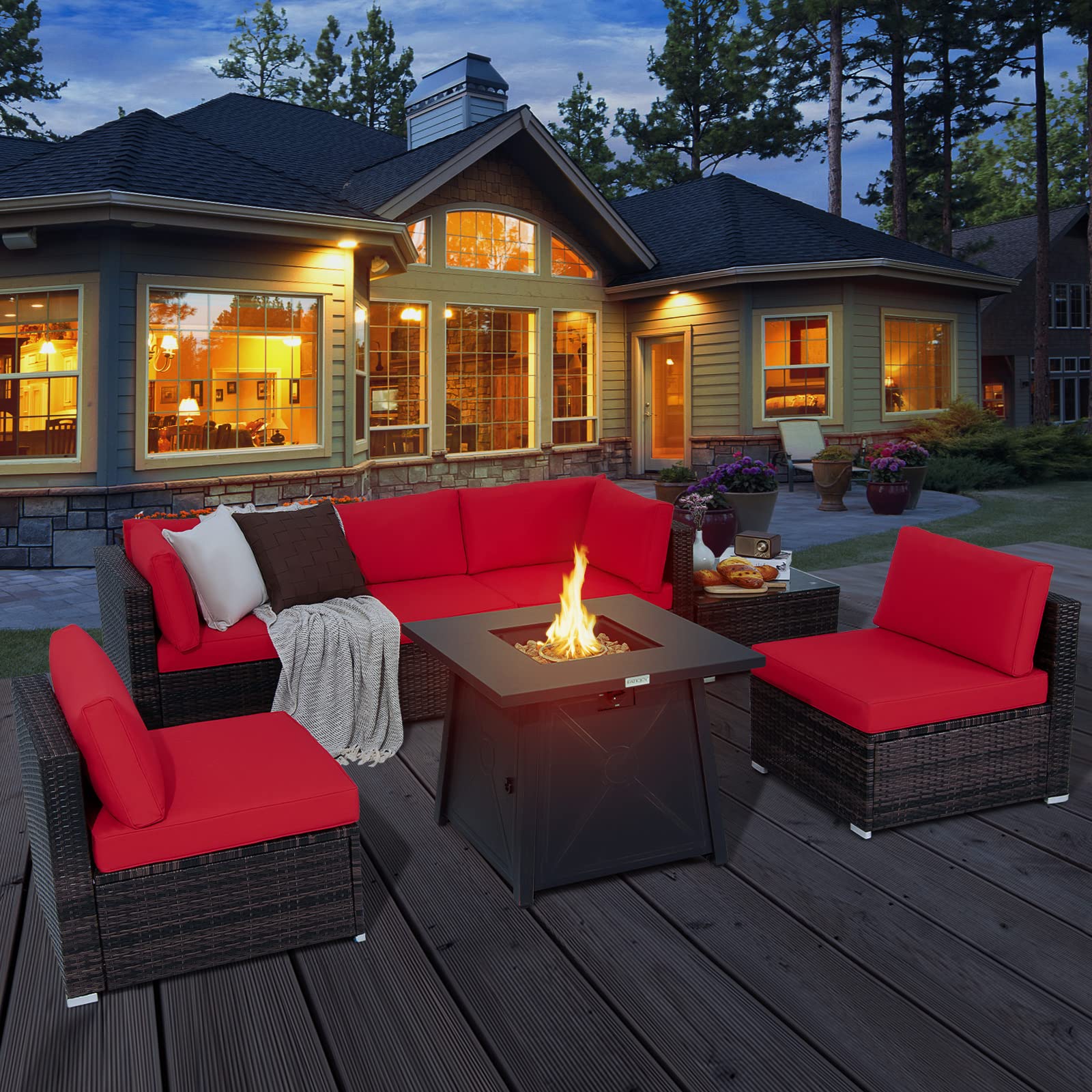 Condition photo showing Good Condition for costway 7 piece patio furniture set with 30'' fire pit table, outdoor wicker rattan sectional sofa set with 4'' thickened cushions and side coffee table for poolside backyard (red)