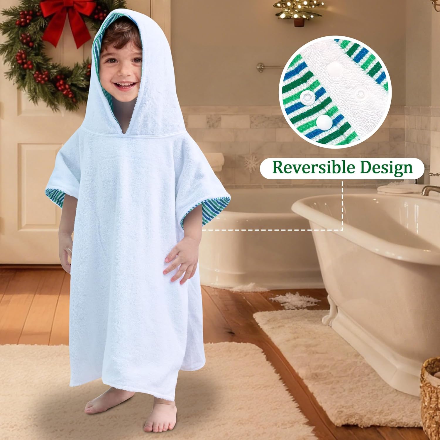 VOOVA & MOVAS Double-Layered Baby Hooded Towel Poncho (2-4 Years, 20x21 Inches) | Ultra Soft & Absorbent Cotton | Thick Toddler Bath Towel for Swimming, Beach, Shower & Winter,Green Stripe - Image 3