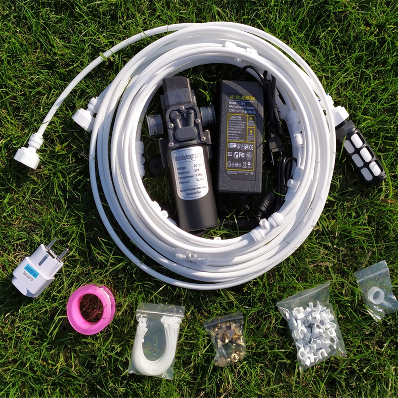 Mosiężny system chłodzenia mgłą PU | 6-18m DIY Zewnętrzny system chłodzenia irygacją mgłową z pompą 12 V Adapter 3/4 Dysza mosiężna(9M(29.53FT))