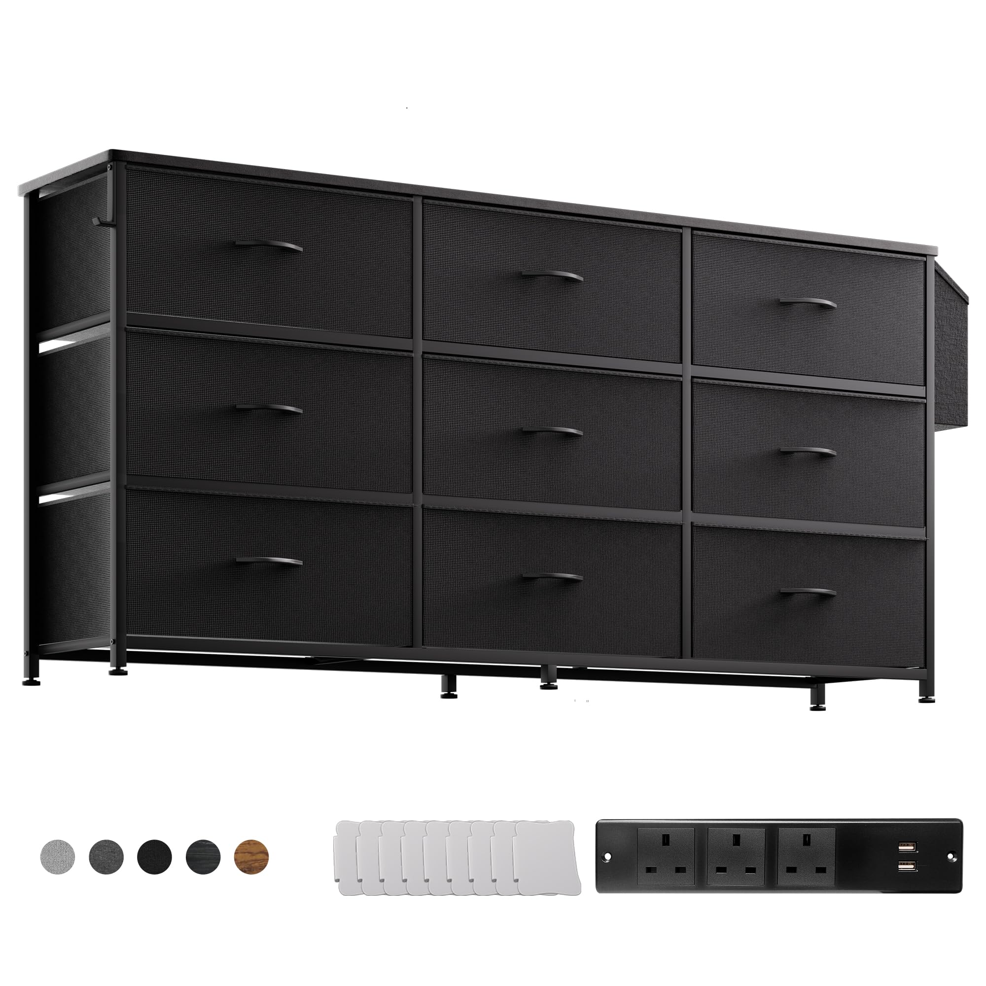 PURFINO Fabric Chest of Drawers - Large TV Stand for 43-65 Inch TVs with 9 Drawers, Label Cards, Side Pocket & Hook, Odor Free Storage Unit for Living Room, Hallway, Bedroom
