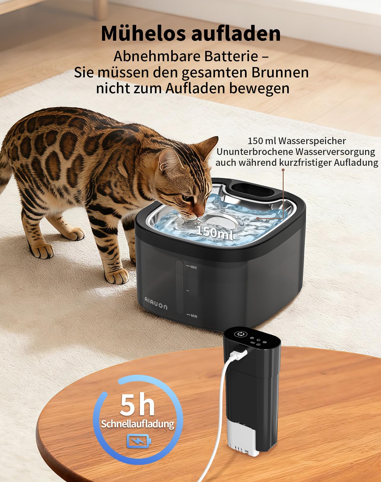 Katzenbrunnen kabellos 118oz/3,5L Drahtlos & Ultra-leise mit Sensor- und Zeitmodus,Edelstahlpalette, batteriebetriebener Trinkbrunnen für Katze,Trinkbrunnen für Katze (3.5L Katzenbrunnen+2Filter)