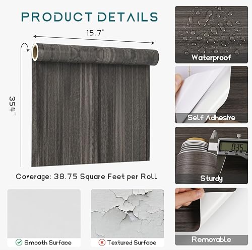 Miniatura 8 de VEELIKE Papel tapiz grueso de madera gris carbón, papel de contacto de madera para encimeras, papel de contacto de grano de madera impermeable para