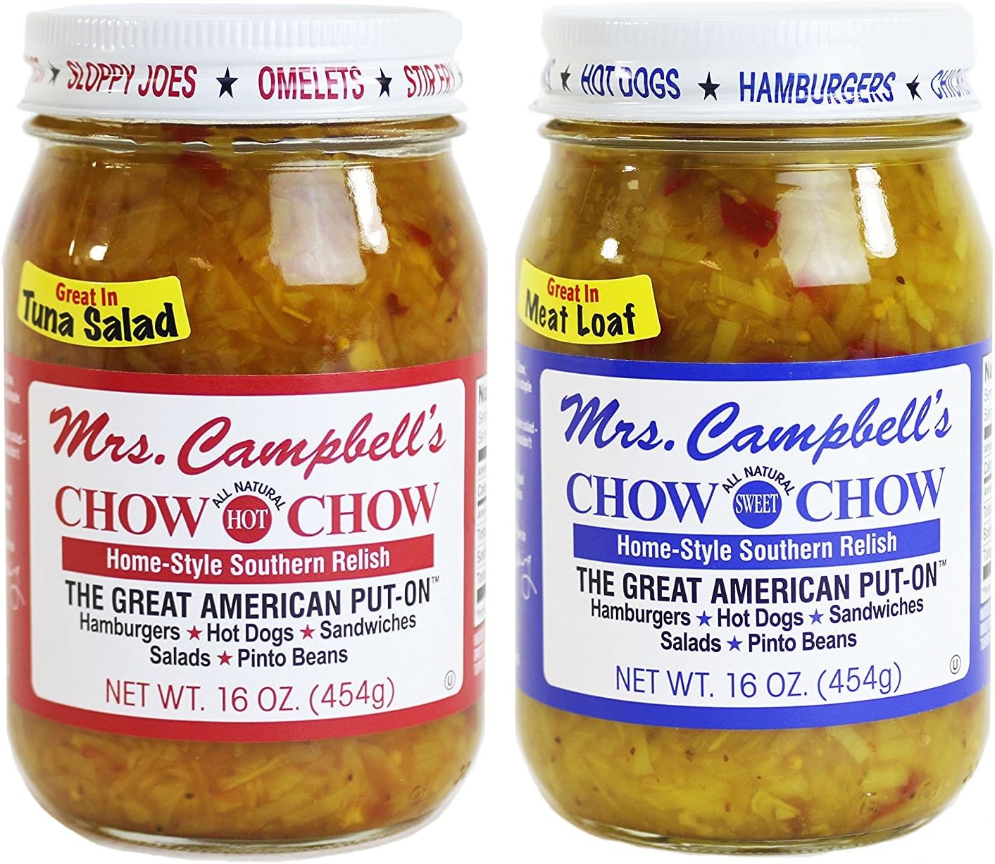 GOLDING FARMS 2 Pack - Mrs. Campbell's Chow Chow - One 16oz Jar of Each: Hot and Sweet