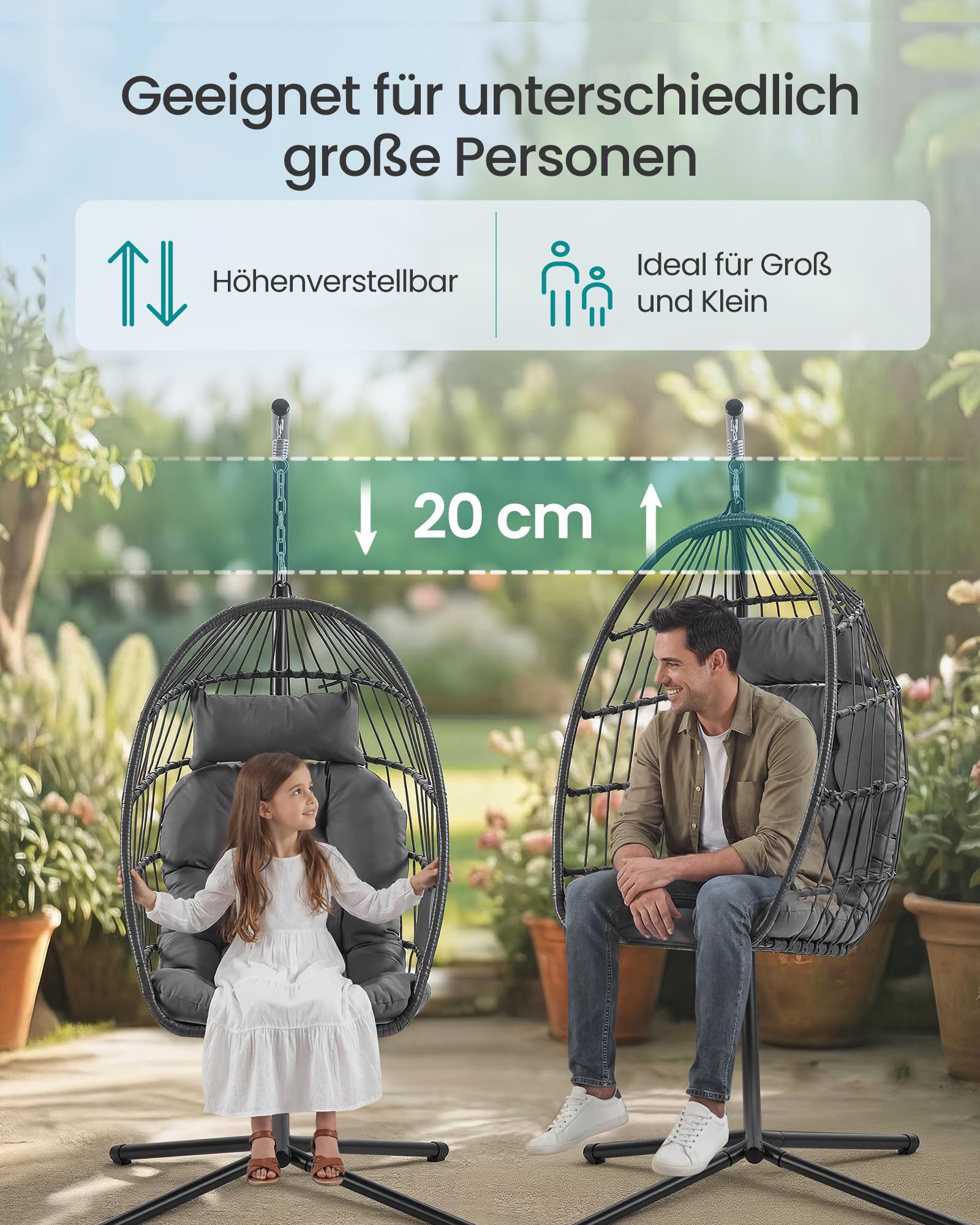 SONGMICS Hängesessel mit Gestell, Hängeschaukel Outdoor, Korbsessel, Korb klappbar und abnehmbar, Hängestuhl höhenverstellbar, Seitentasche, Kissen, Wohnzimmer Garten Balkon, grau GDC050GZ01