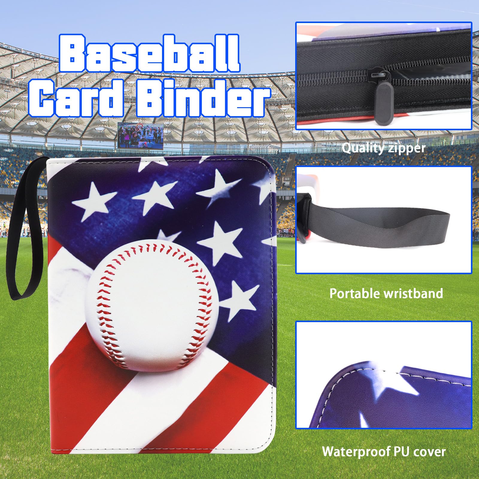 Baseball Card Binder 4-Pocket American Baseballcard Holder Album 400 Pockets Trading Gamecards Holder Zipper Binder for Sport Cards Collection Birthday Gift