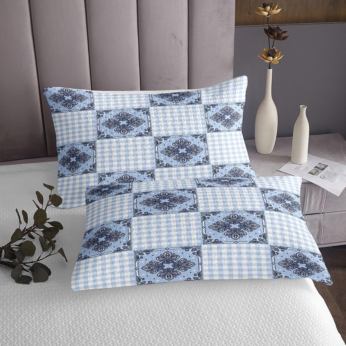 Feelyou Checkered Bedspread Quilts Plaid Coverlet Set Twin Size for Kids Boys Girls Western Decor Quilted Coverlet for All Season with 1 Pillowcase Grid Microfiber Geometric