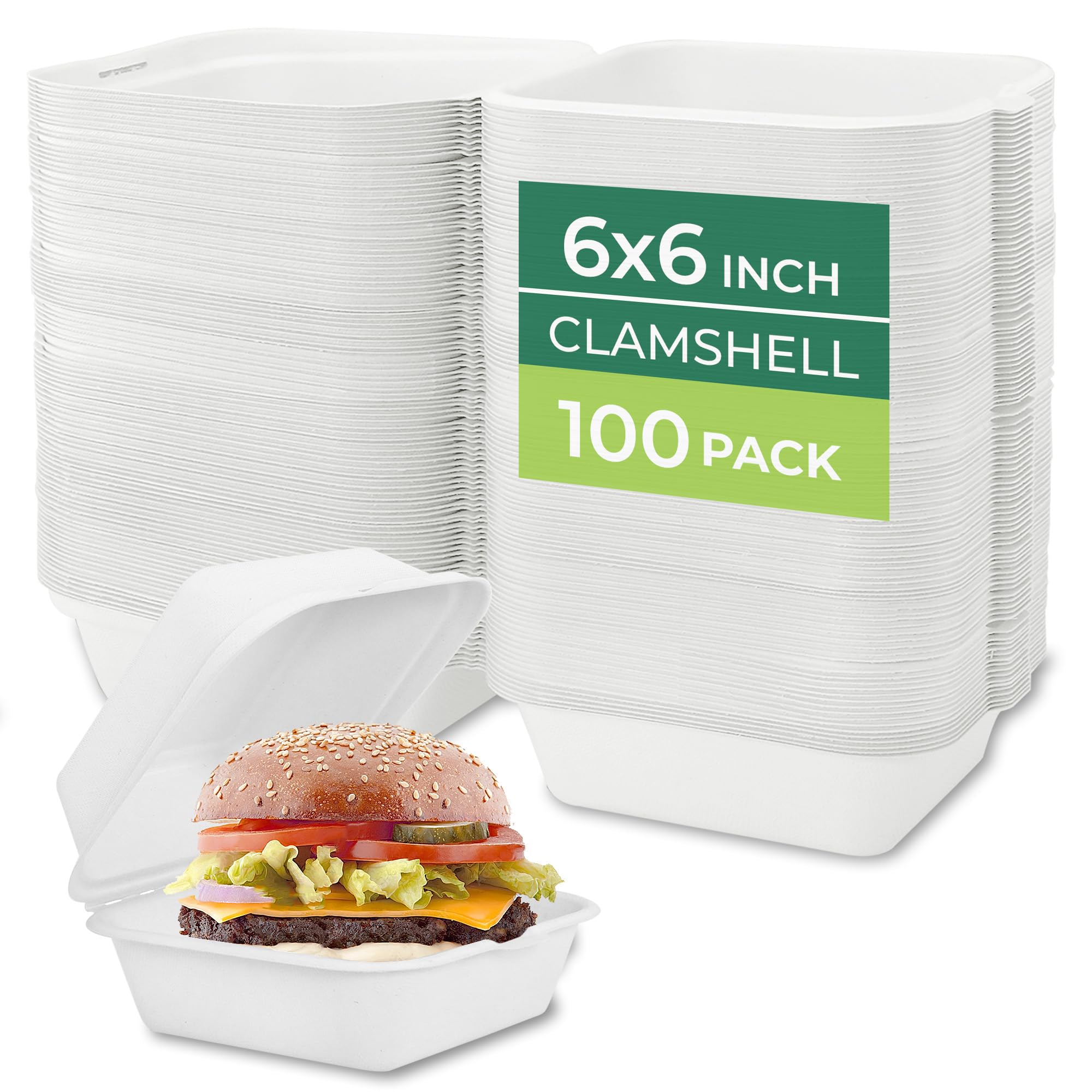 Freshware Clamshell Food Containers with Lids [6x6" 100-Pack] Disposable To Go Containers, Biodegradable Sugarcane To Go Boxes - Paper Container - Microwave &amp; Freezer Safe, Stackable