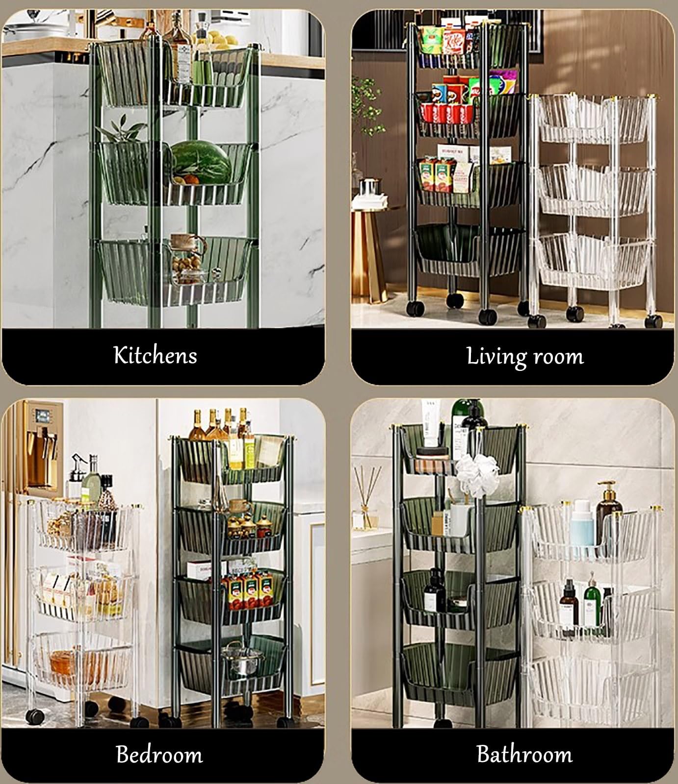 Scaffale per snack Scaffale mobile for frutta/verdura a 2 3 4 livelli, carrello for snack trasparente a U da pavimento for dispensa cucina camera da letto, carrello della spesa girevole con ruote e ga