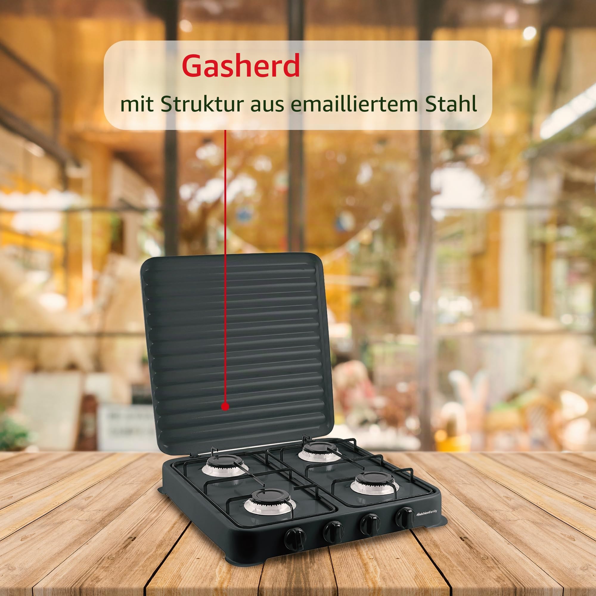 Melchioni Family Gaskocher Modell Minerva New mit vier Brennern, schwarz, für den Außenbereich, mit abnehmbarem Grill und Brenner und Deckel