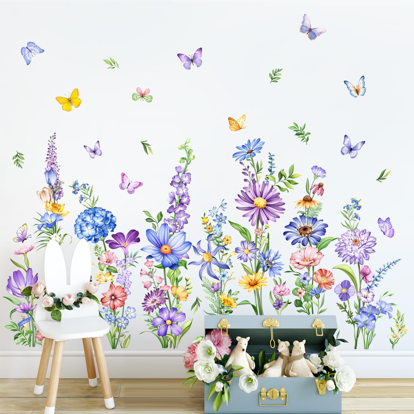 Tanlaby Flower Wall Decals Daisy Grass Butterflies Wildflowe Wall Stickers Floral Botanical Wall Art Decor for Baby Nursery Girls Bedroom Living Room Sofa