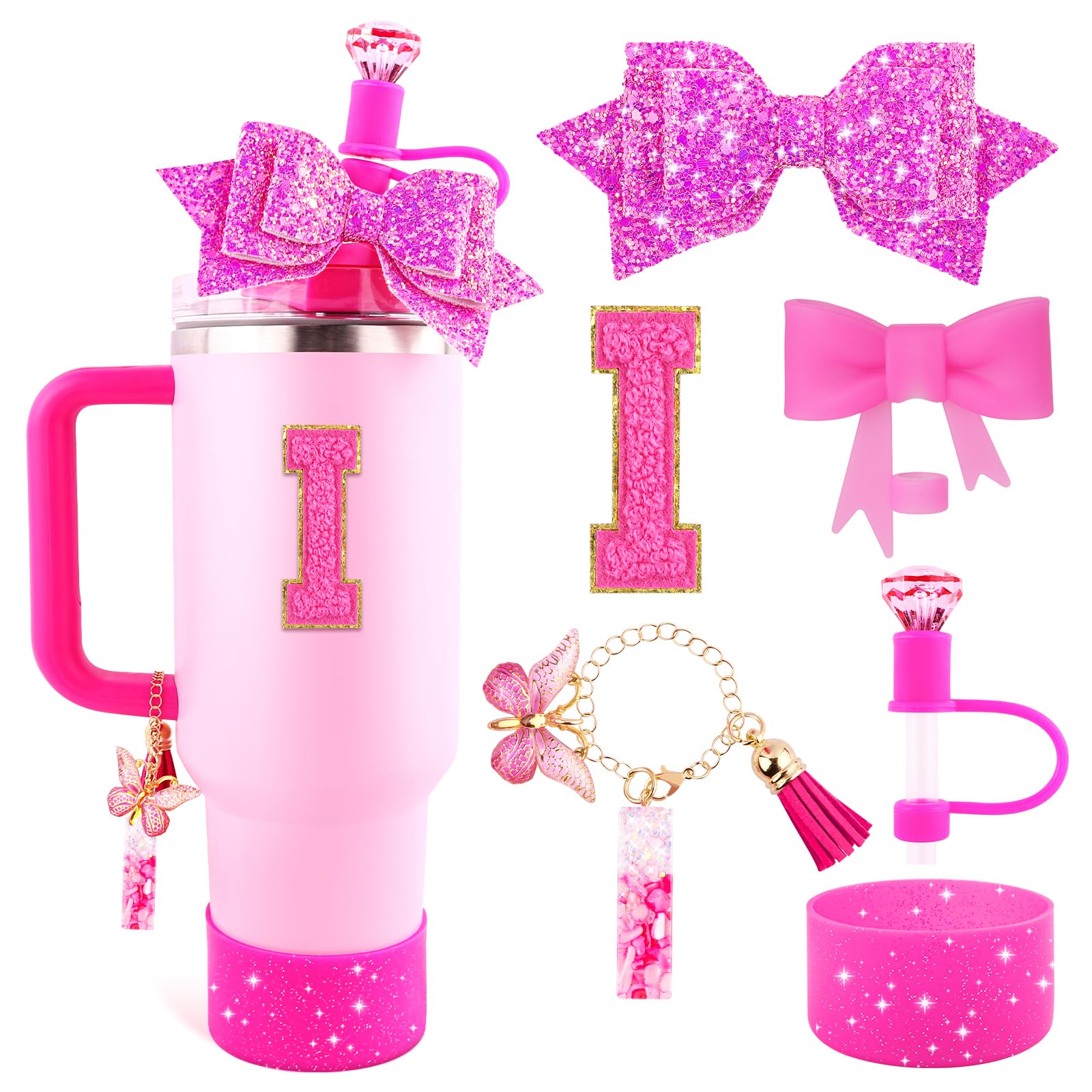 Lingdeer Rose Pink Cup Accessories Set for Stanley 30OZ&40OZ Tumbler with Handle, Letter Charms, Bow & Diamond Straw Covers, Glitter Silicone Boot, Personalized Sticker for Stanley Cup Accessories (I)