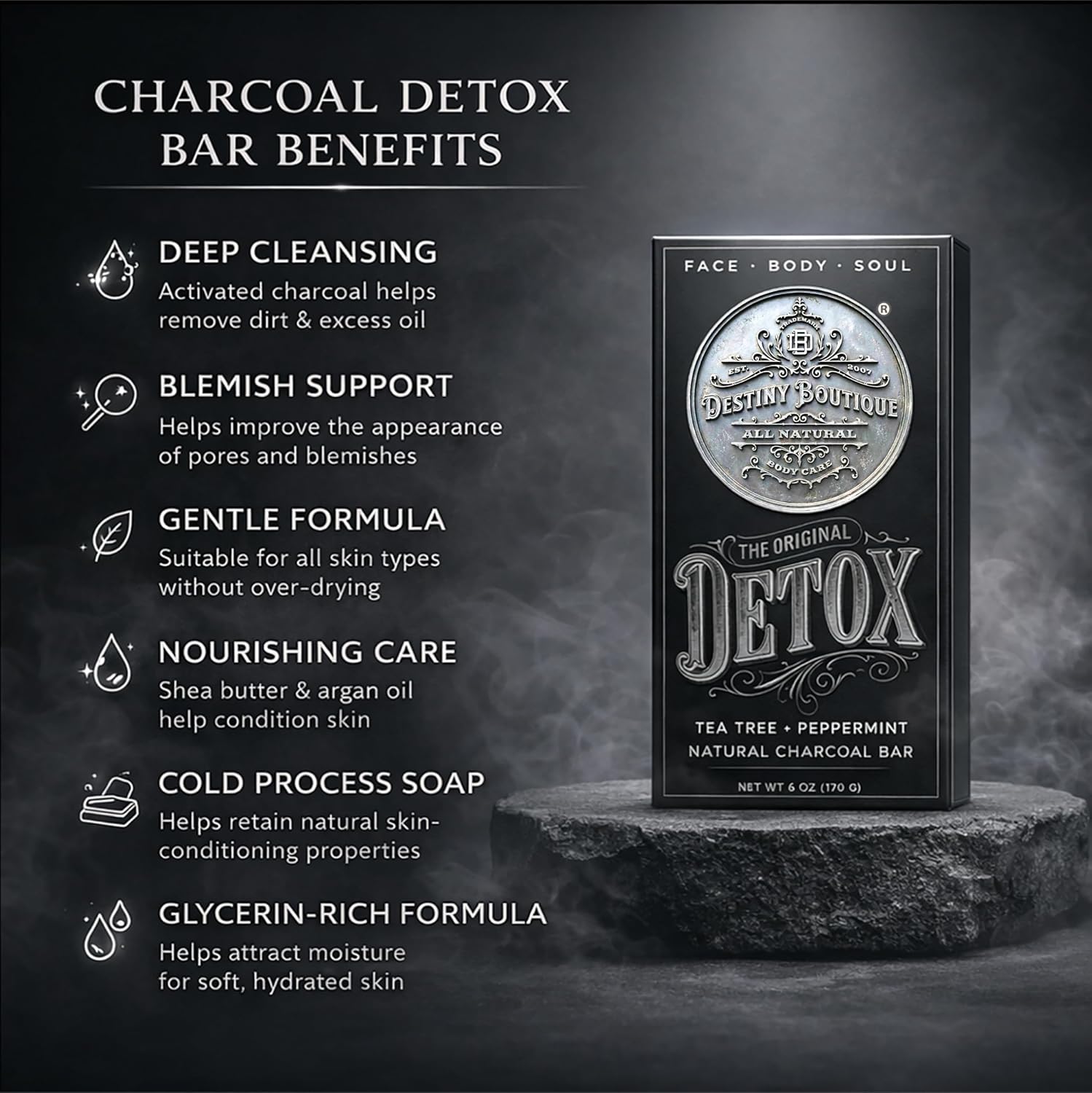 Destiny Boutique Charcoal Facial Soap DETOX,6 Ounce (Pack of 2)