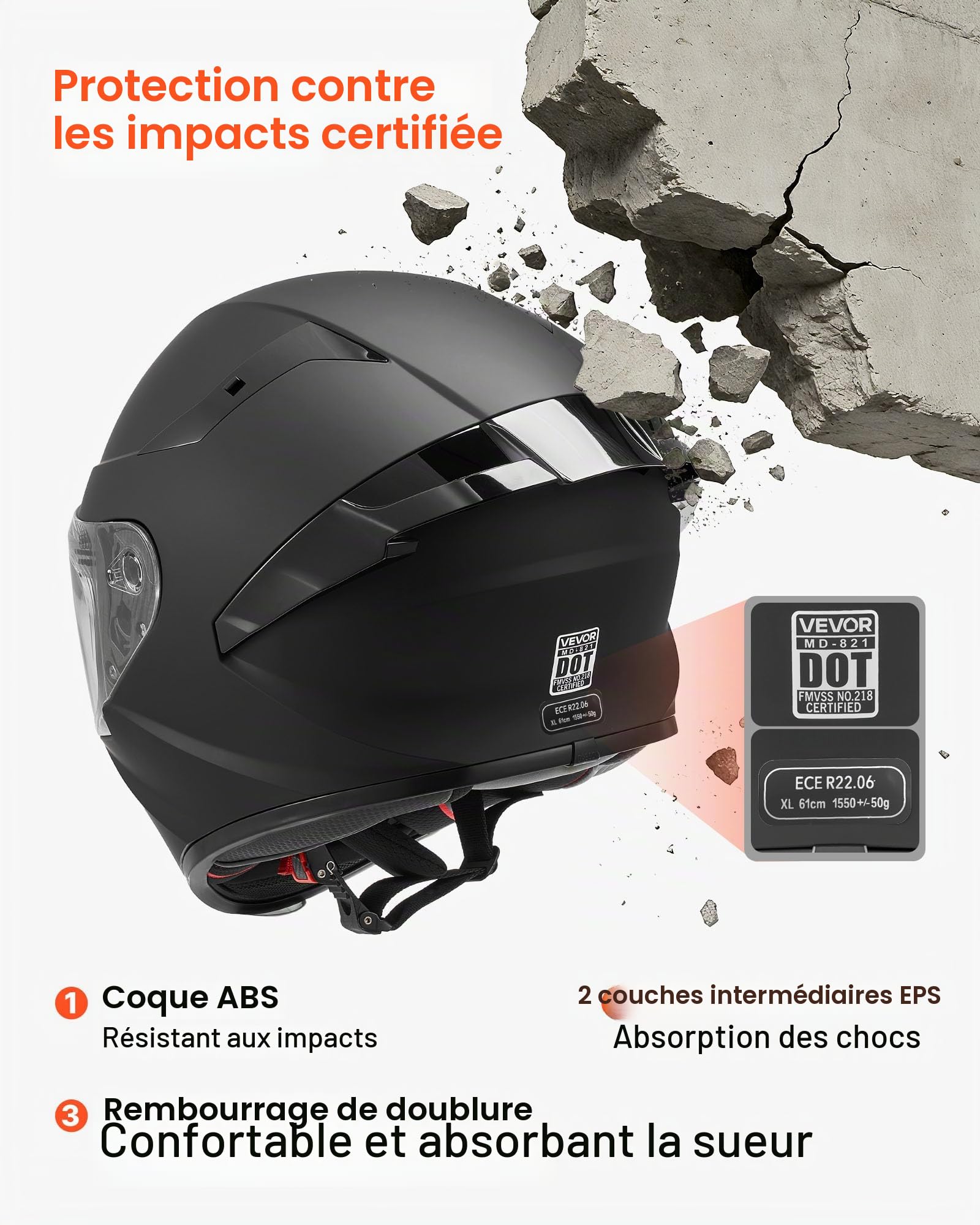 VEVOR Casque Intégral Taille XL, Casque de Moto Homologué Dot et ECE, Protection pour Adultes Motocross Moto de Route Trajets Quotidiens Voyage, avec Visière Transparente, Léger et Confortable