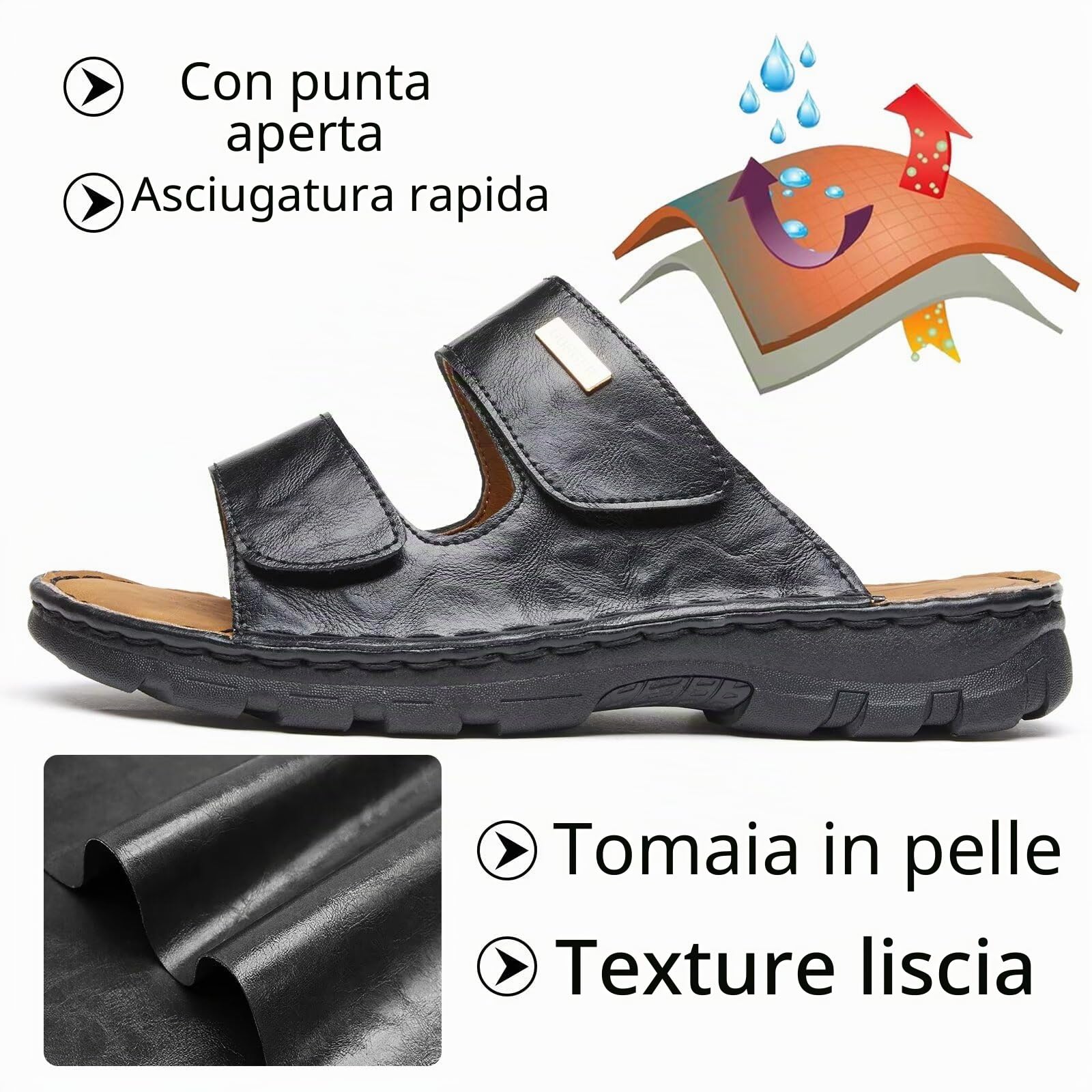 Sandali Uomo Pelle con Doppio Strappo Regolabile, Ciabatte Uomo Estive Aperte, Scarpe Comode Antiscivolo per Casa, Spiaggia, Vacanze e Tempo Libero