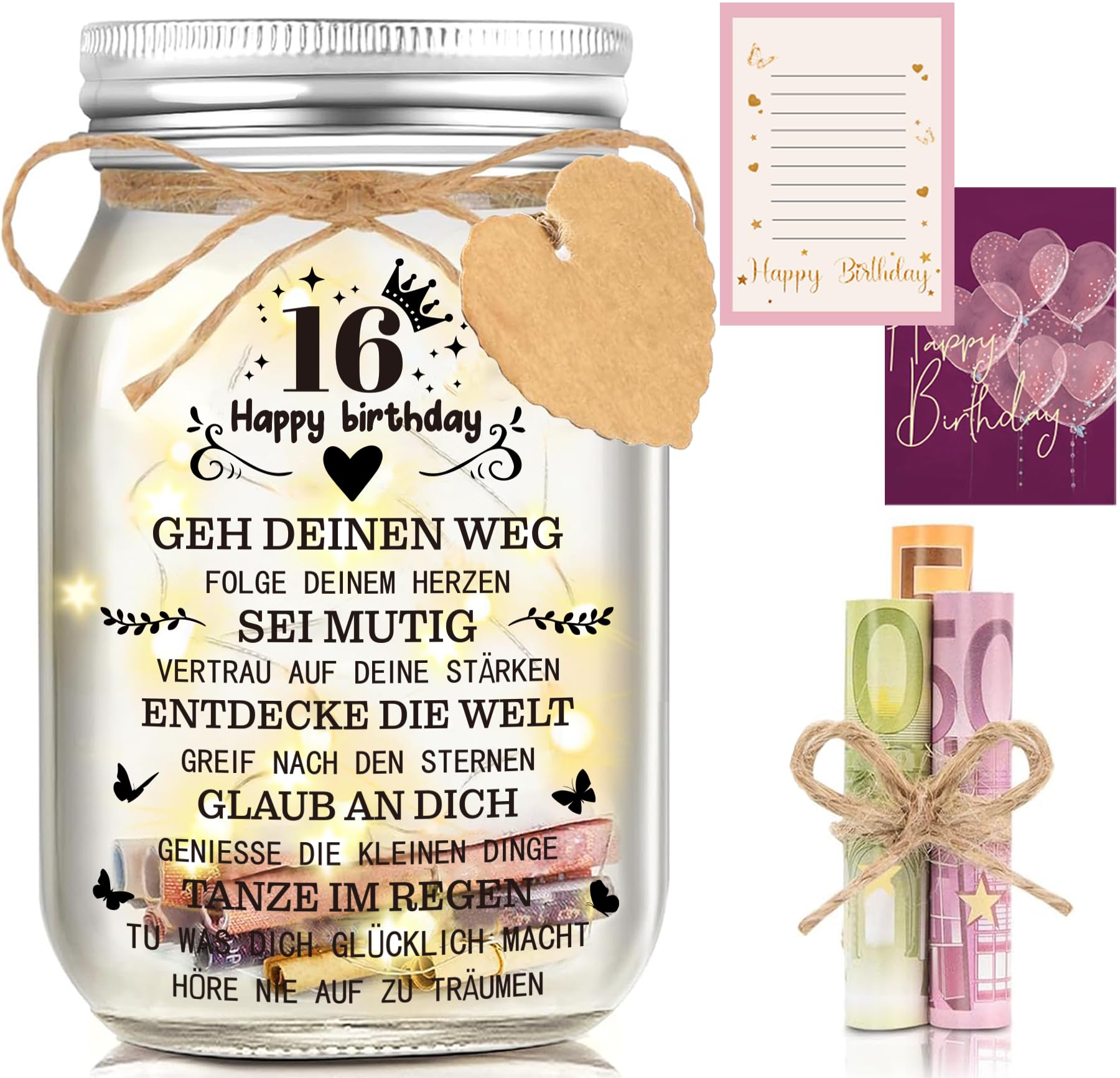 Hiipeefeel Geldgeschenk 16. Geburtstag Mädchen, LED Flaschenlicht, Geldgeschenke Verpackung, 16. Geburtstag für Mädchen, Junge Frau, Beste Freundin, Schwester, Familie