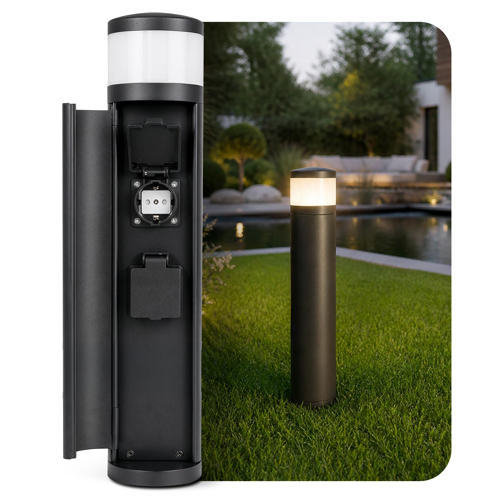 SSC-LUXon PALISO Steckdosensäule mit Licht schwarz IP44 Edelstahl - Außensteckdose mit 2 Steckdosen & G9 Fassung - Pollerleuchte für Garten & Terrasse