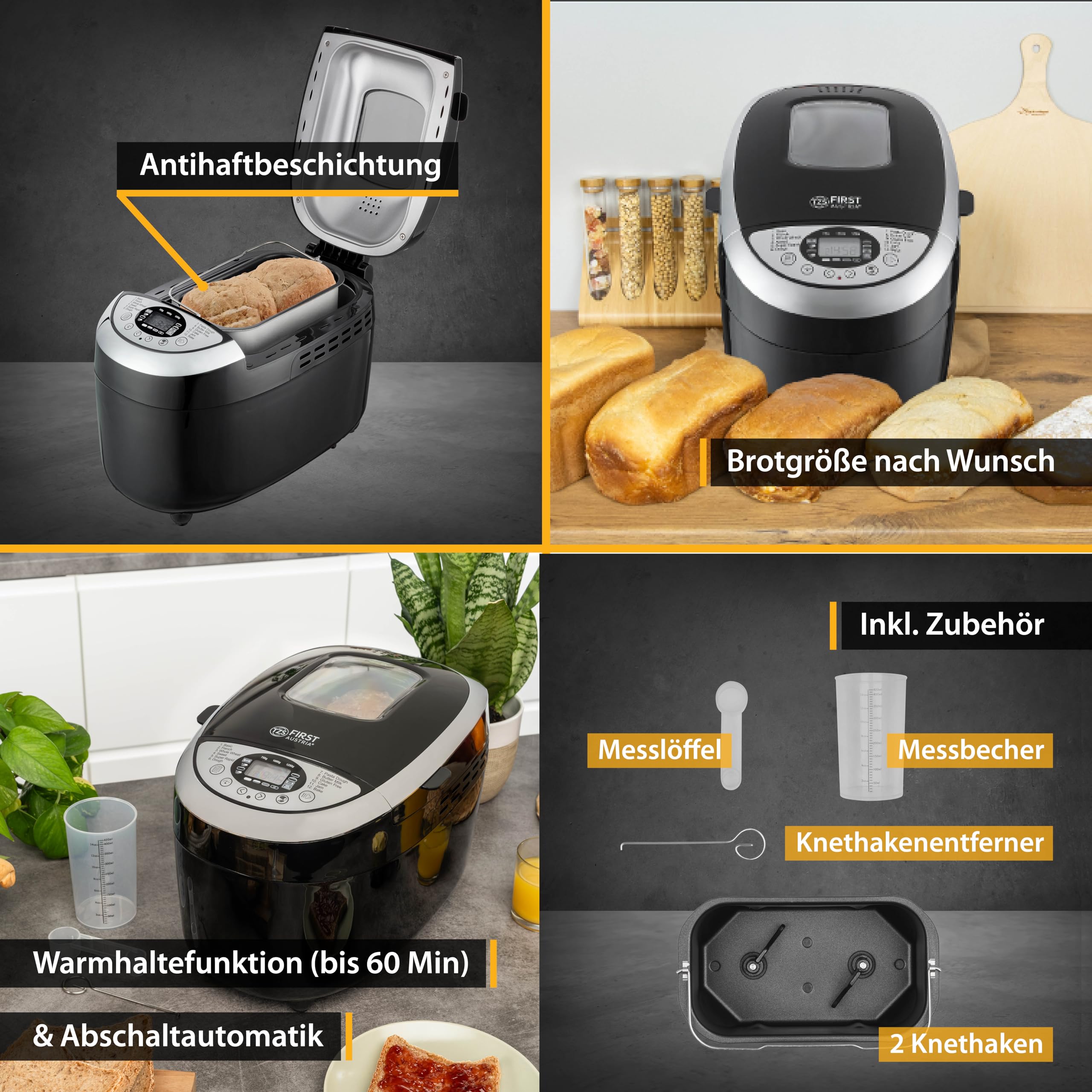 TZS First Austria - Brotbackautomat mit 12 Automatikprogrammen 850W - Vollautomatische Brotbackmaschine 700-1250g Füllmenge - Bread Maker mit Sichtfenster, Timer, Zubehör & Warmhaltefunktion - Schwarz