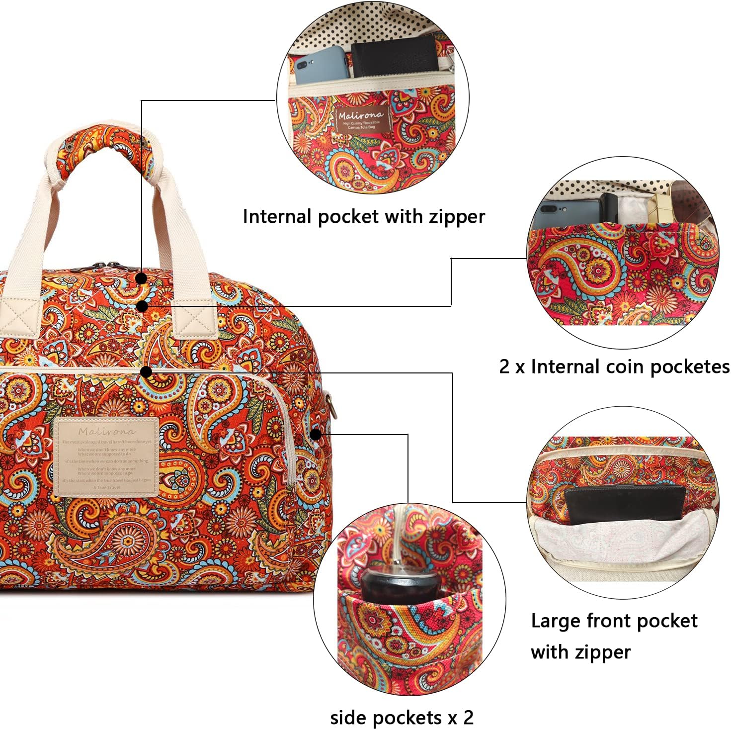 Malirona Canvas Overnight Bag Women Weekender Bag Carry On Travel Duffel Bag Floral - Image 3
