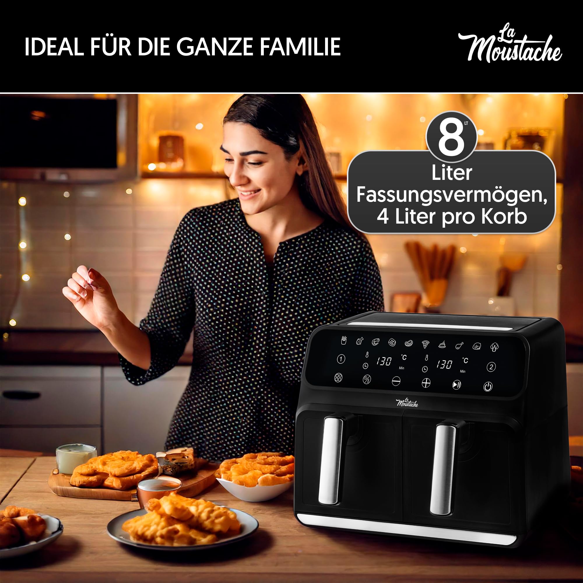 La Moustache - Heißluftfritteuse XXL, 2 Fächer, 8L Inklusive【E-Book mit 50 Rezepten】6 Kochfunktionen, 10 Programme, Air Fryer mit Antihaftbeschichtung, Max 220°C, Timer, 1700W (DuoFry Black)