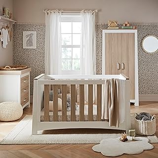 Ada 3-Piece Nursery Furniture Set – Convertible Baby Cot Bed, Removable Changing Top Dresser, Adjustable Double Wardrobe – White & Ash Finish, Modern Design with Silver Handles