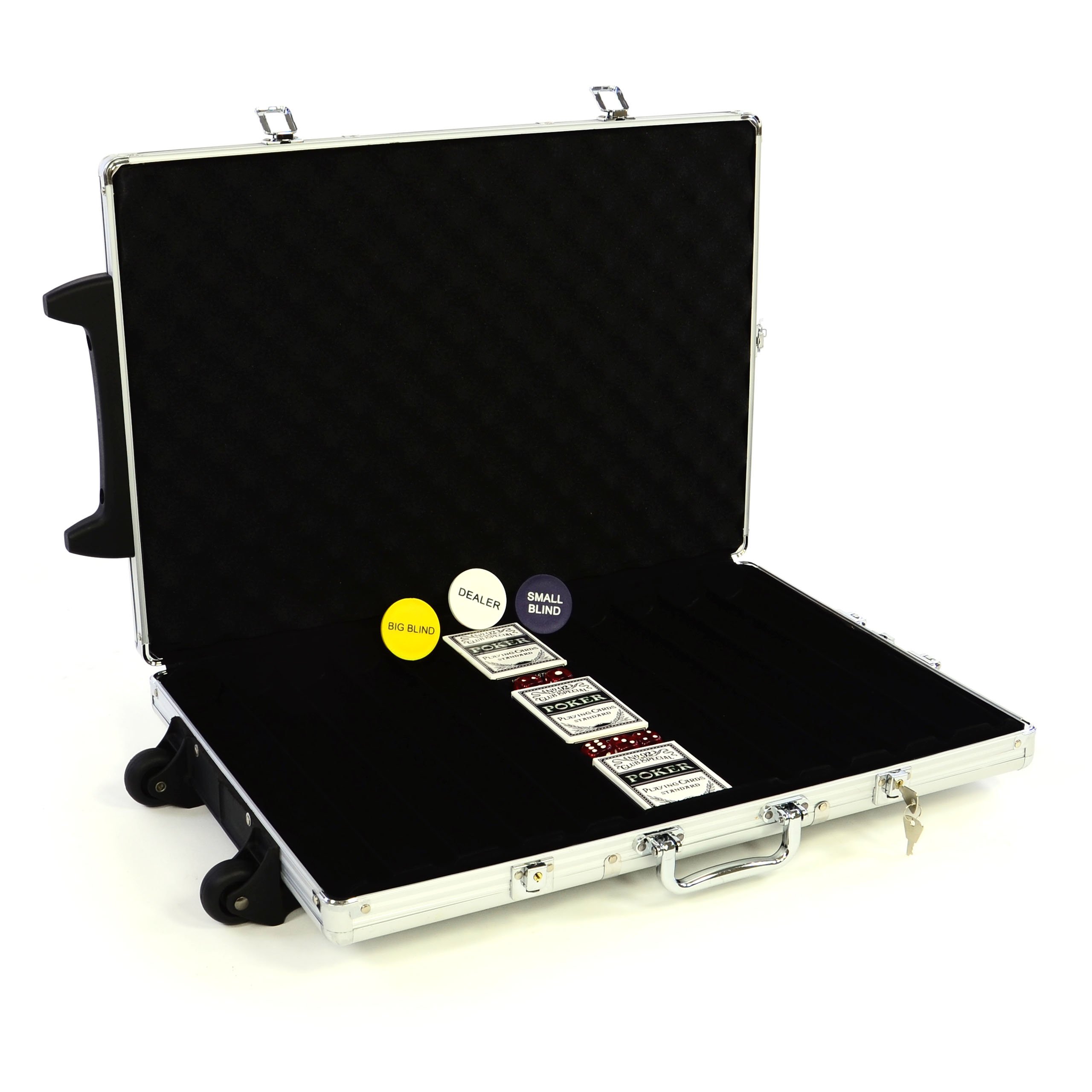 Nexos Trading Poker-Koffer Trolley aus Aluminium gepolstert für bis zu 1000 Chips abschließbar gepolstert mit Zubehör Button, Casino-Würfel, 3X Pokerkarten aus Kunststoff