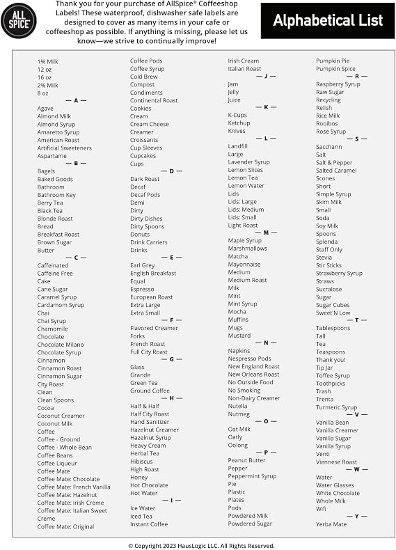 Coffee Shop Labels- 328 Preprinted Adhesive Labels for Restaurant, Cafe and Coffee Shop Condiment Stations and More