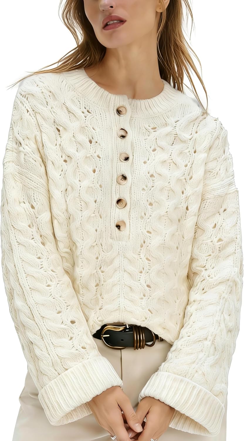 Women's Cable Knit Sweater Long Sleeve Crewneck Casual Cropped Pullover Sweaters Boho Half Button Down Tops