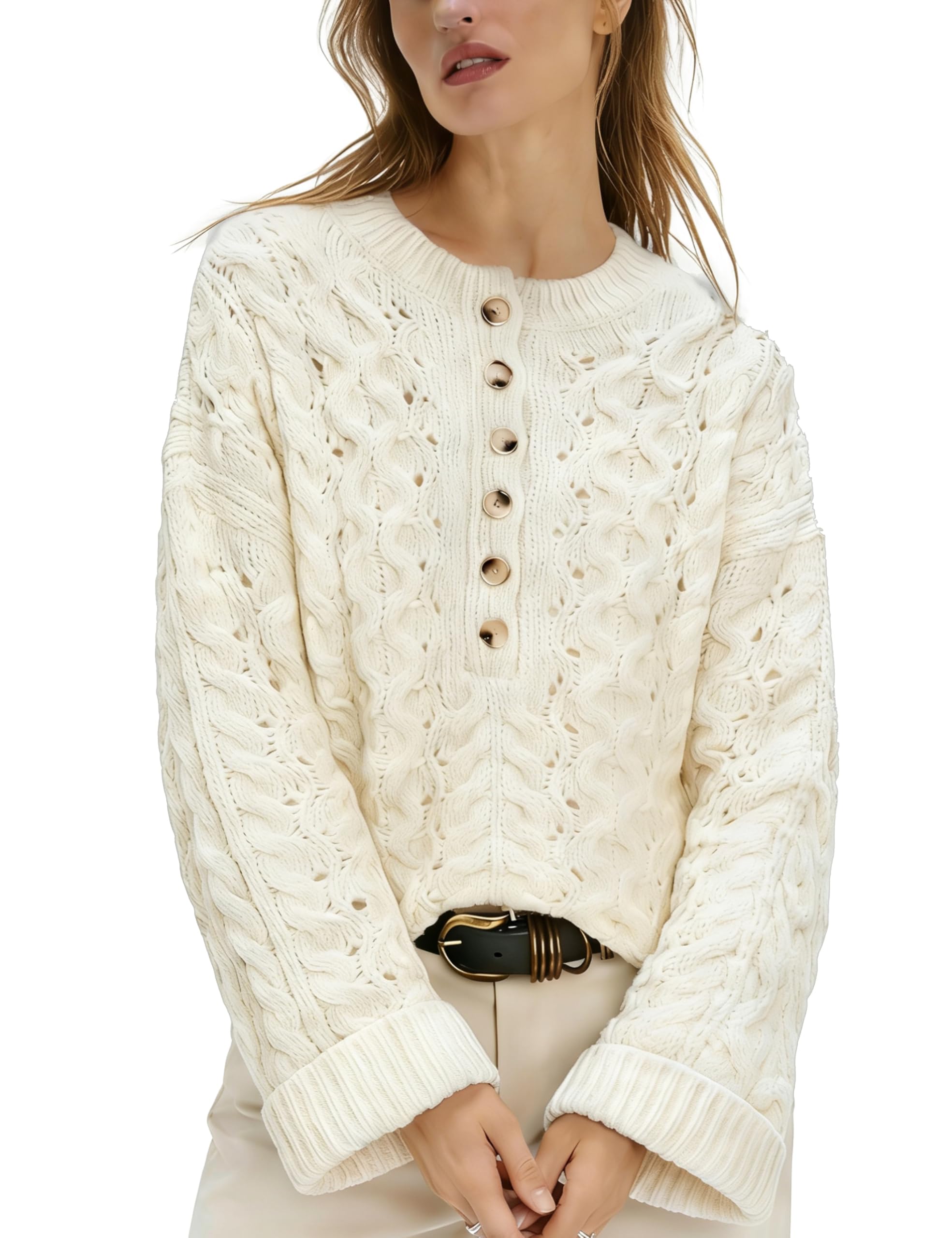 Women's Cable Knit Sweater Long Sleeve Crewneck Casual Cropped Pullover Sweaters Boho Half Button Down Tops-image-38