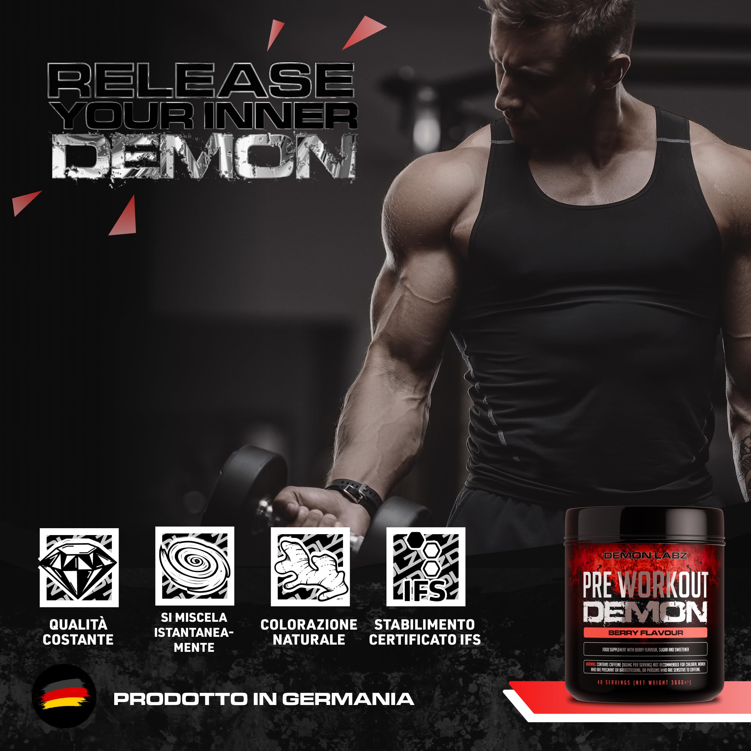 Pre Workout Demon Frutti di Bosco - Potente con Creatina, Caffeina e Beta Alanina - Preworkout per Bodybuilding con Pump ed Energia - Integratore Pre Workout in Polvere - 40 Porzioni
